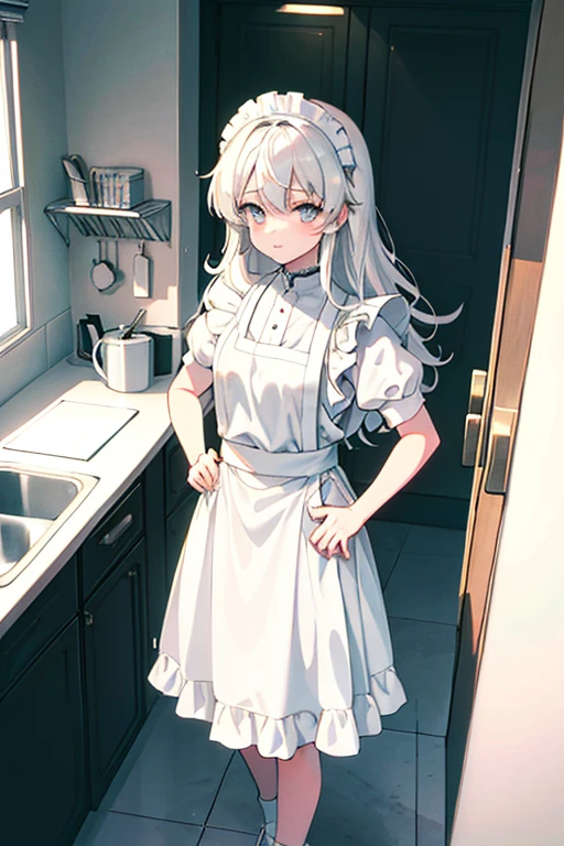 wavy hair, white hair, white eyes, maid uniform, standing, Straight Face, Fair skin, indoors, kitchen, from above, 1990s (style), --niji 5  --ar 2:3 --s 100
