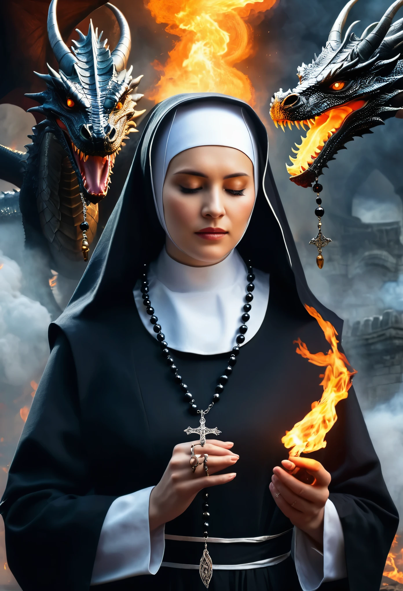 A nun witha rosary on the background  a dragon breathing fire horro sifi fantasy