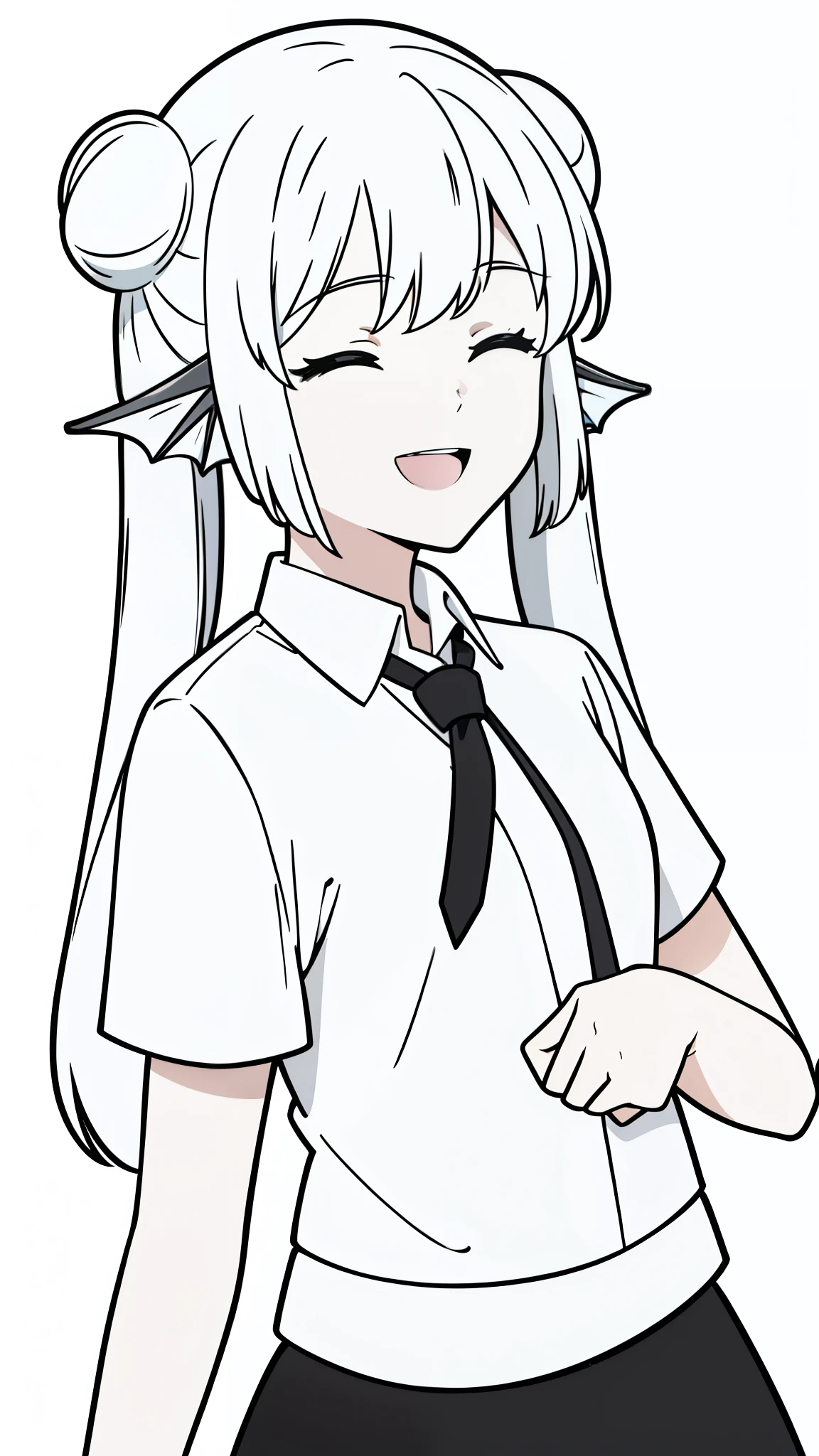 1girl,20 years old,solo,(white background,line drawing),long hair,white hair,finana,twintails,double bun,((white shirt,short sleeves,black standart tie,black skirt)),upper body,smile,open mouth,closed eyes