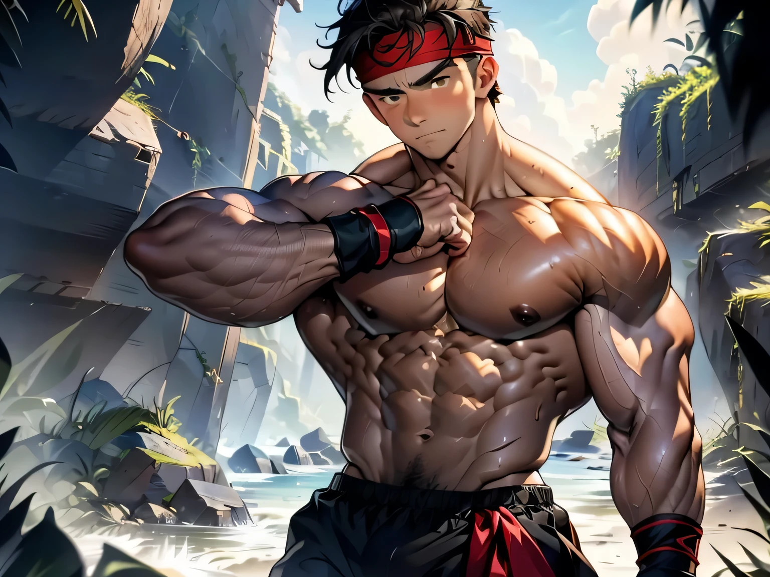 (Masterpiece, Best quality 18 year old boy, simple background, cowboy shot), focus boy, solo, Young, boy, full bodyesbian, Shirtless, topless, (Dark Short straight hair, under cut, brown eyes), (torn cloth, red headband, ((black wristband))), Vivid colors, (hot Abs, big breast, chest muscle, upper arms), (topless male), closed mouth, serious, tight muscler body, Man with martial arts stance, (((epic martial arts pose)))