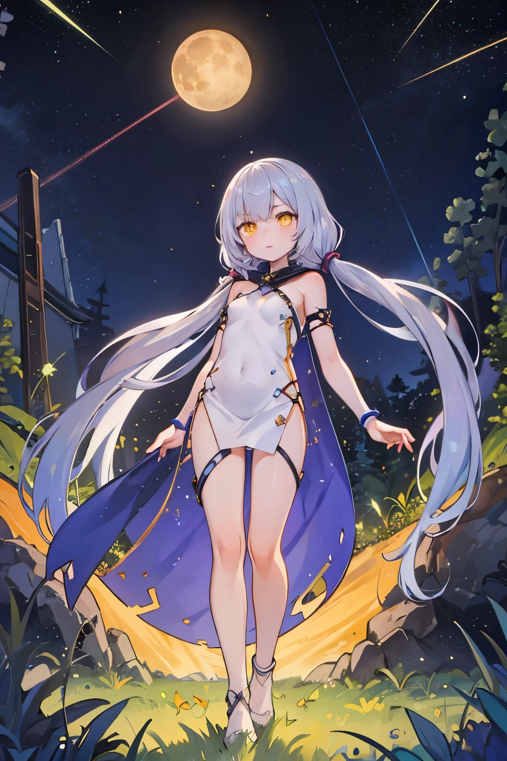 Soft long silver hair, shiny hair, glowing eyes, stary night, bright glowing moon, event horizon is in background, sharp image, detailed image, full body in frame, yellow eyes, cornfield, nude, outdoors, rising moon, stary sky, ambient, soft glowing, purple color palette, stardust，stardust