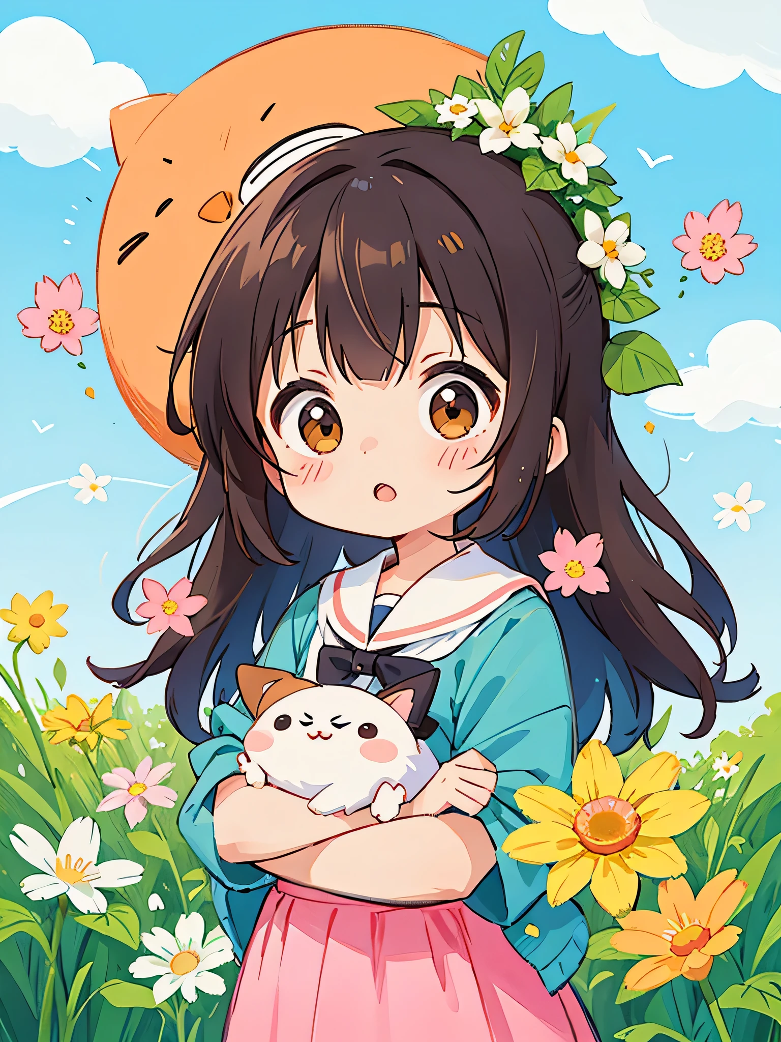 Machiko Satonaka style, Kawaii Design, most beautiful girl ever、Chibi, beautiful spring afternoon、birdie、colorful flowers