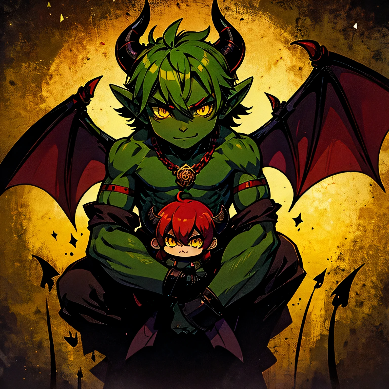 demon, luzifer, cartoon, art, good quality, satan, yellow eyes, dark green skin, male, horned demon, big wings, chibi, cute