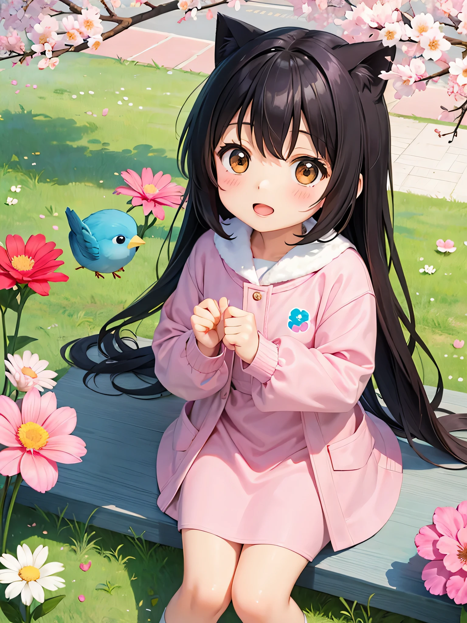 Machiko Satonaka style, Kawaii Design, most beautiful girl ever、Chibi, beautiful spring afternoon、birdie、colorful flowers