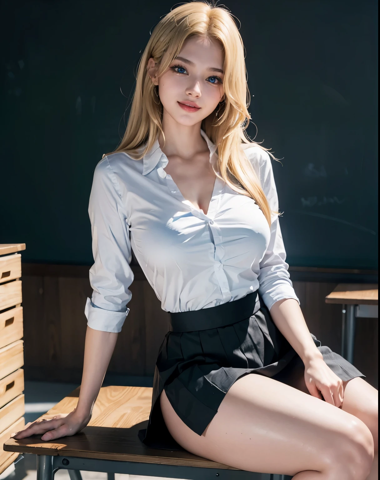 1girl, (Blue Eyes), (smiling :1.2), (Sana Minatozaki), (beautiful makeup :1.2), wide hips, Big tits, big ass, (Best Quality, 8k, Masterpiece: 1.3), Clear Focus: 1.2, Perfect Body Beauty: 1.4, strong abs, Highly detailed face and skin texture, detailed eyes, double eyelids, (blond long hair :1.2), (white dress shirt :1.2), (black teacher skirt :1.2), (sexy teacher :1.2), sitting at a desk, in a classroom, blackboard in the background