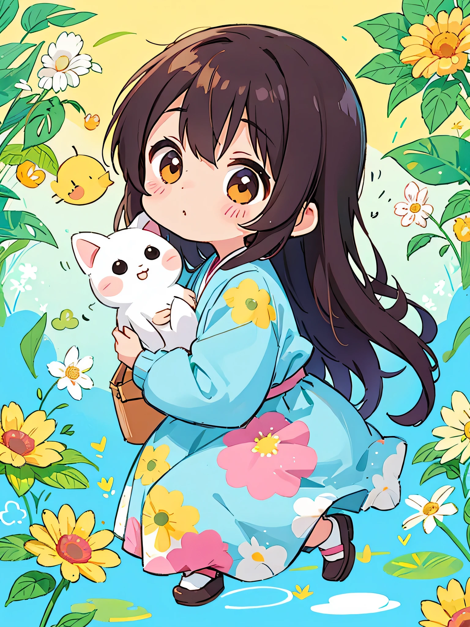 Machiko Satonaka style, Kawaii Design, most beautiful girl ever、Chibi, beautiful spring afternoon、birdie、colorful flowers