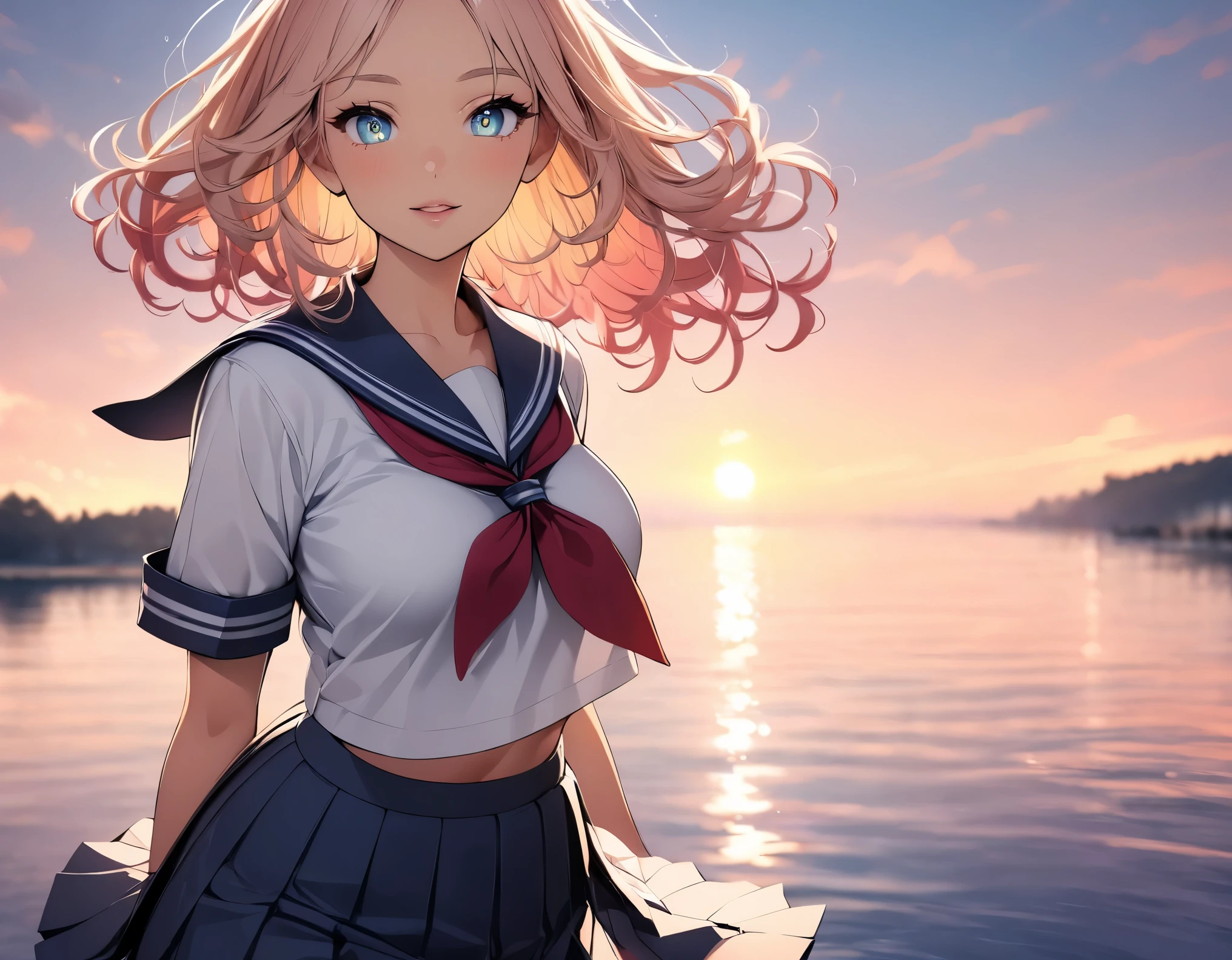 (highest quality, 4k, High resolution, masterpiece:1.2), Super detailed, one person, woman, (JK, , sailor suit, pleated skirt, striped pants), water reflection, grace, graceな動き, Sunset colors, fantastic atmosphere, blown by the wind, provocative hips, beautiful detailed eyes, beautiful detailed lips, long eyelashes, Bright colors, soft and warm color palette, fantastic lighting, blurred background, graceな動き,
