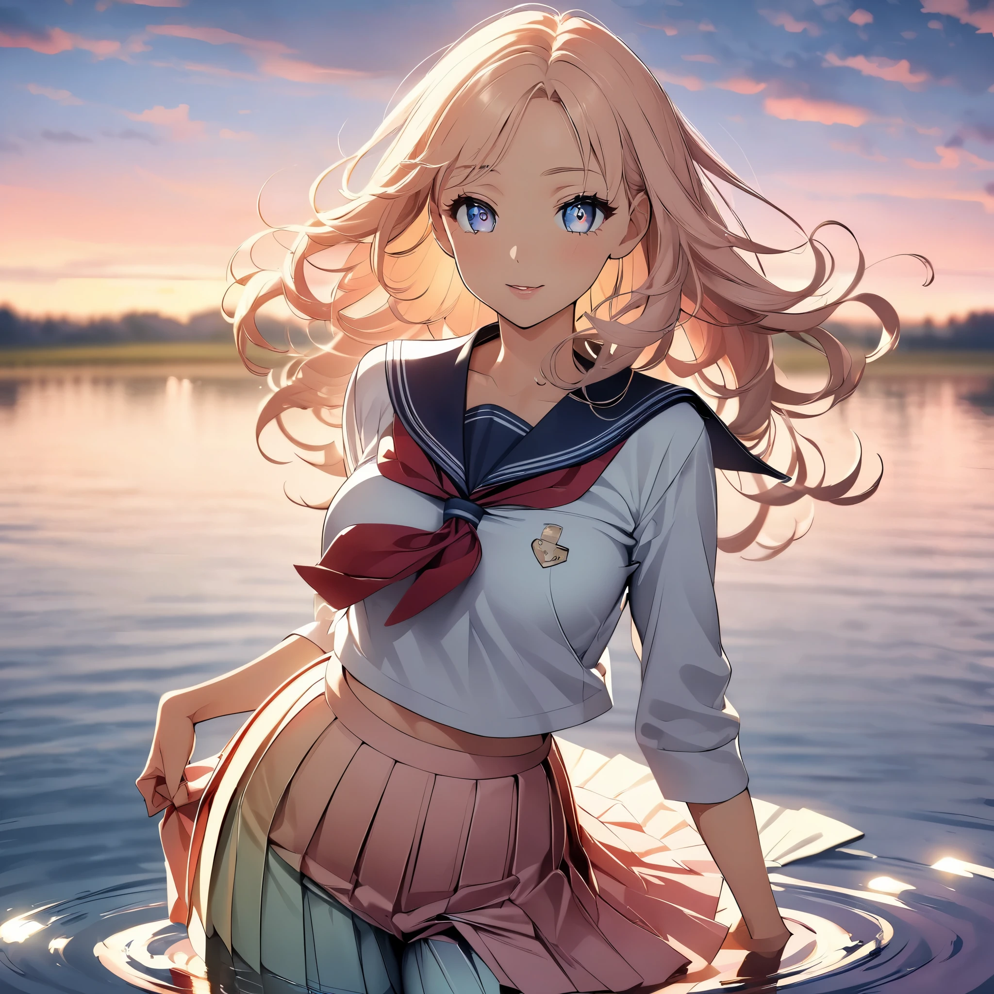 (highest quality, 4k, High resolution, masterpiece:1.2), Super detailed, (anime style:1.2), one person, woman, (JK, , sailor suit, pleated skirt, striped pants), water reflection, grace, graceな動き, Sunset colors, fantastic atmosphere, blown by the wind, provocative hips, beautiful detailed eyes, beautiful detailed lips, long eyelashes, Bright colors, soft and warm color palette, fantastic lighting, blurred background, graceな動き,