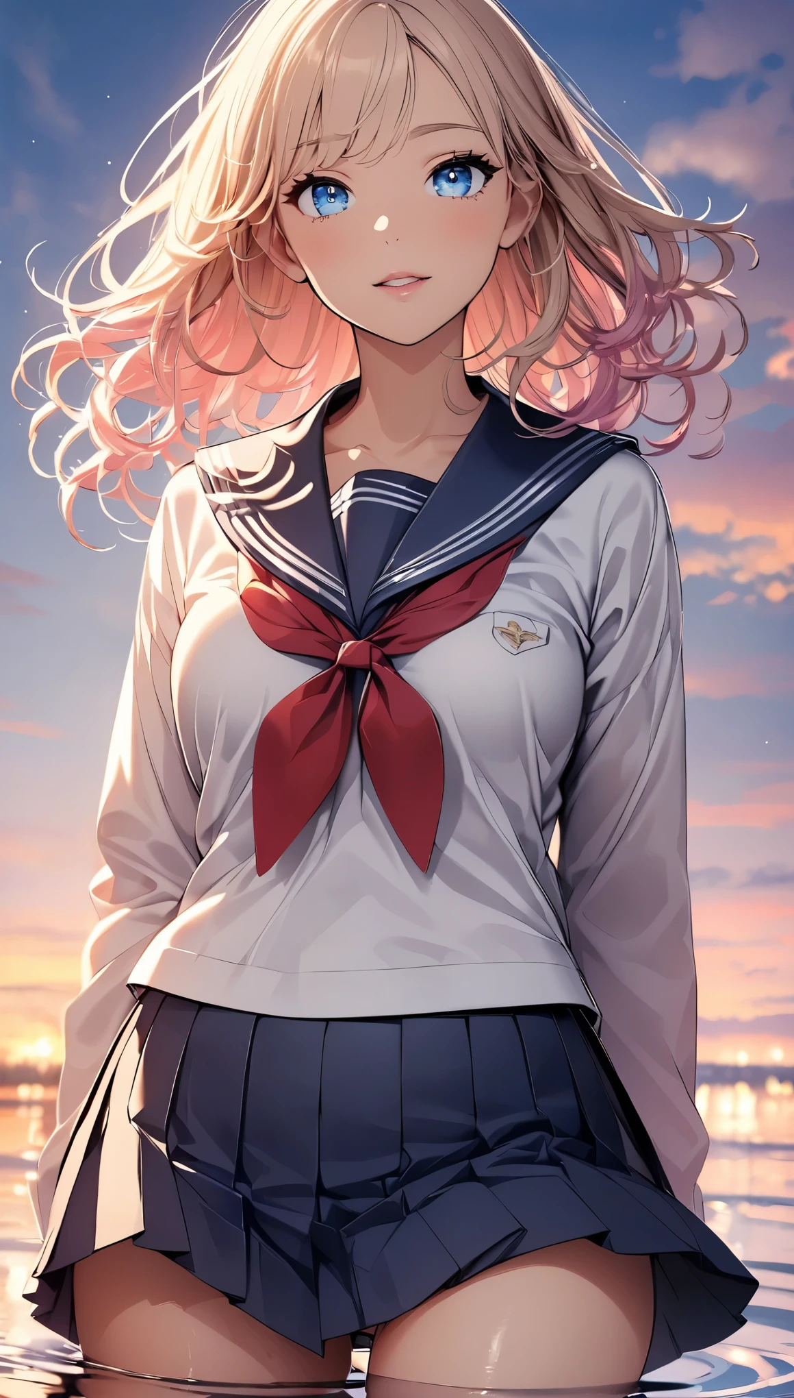 (highest quality, 4k, High resolution, masterpiece:1.2), Super detailed, one person, woman, (JK, , sailor suit, pleated skirt, striped pants), water reflection, grace, graceな動き, Sunset colors, fantastic atmosphere, blown by the wind, provocative hips, beautiful detailed eyes, beautiful detailed lips, long eyelashes, Bright colors, soft and warm color palette, fantastic lighting, blurred background, graceな動き,