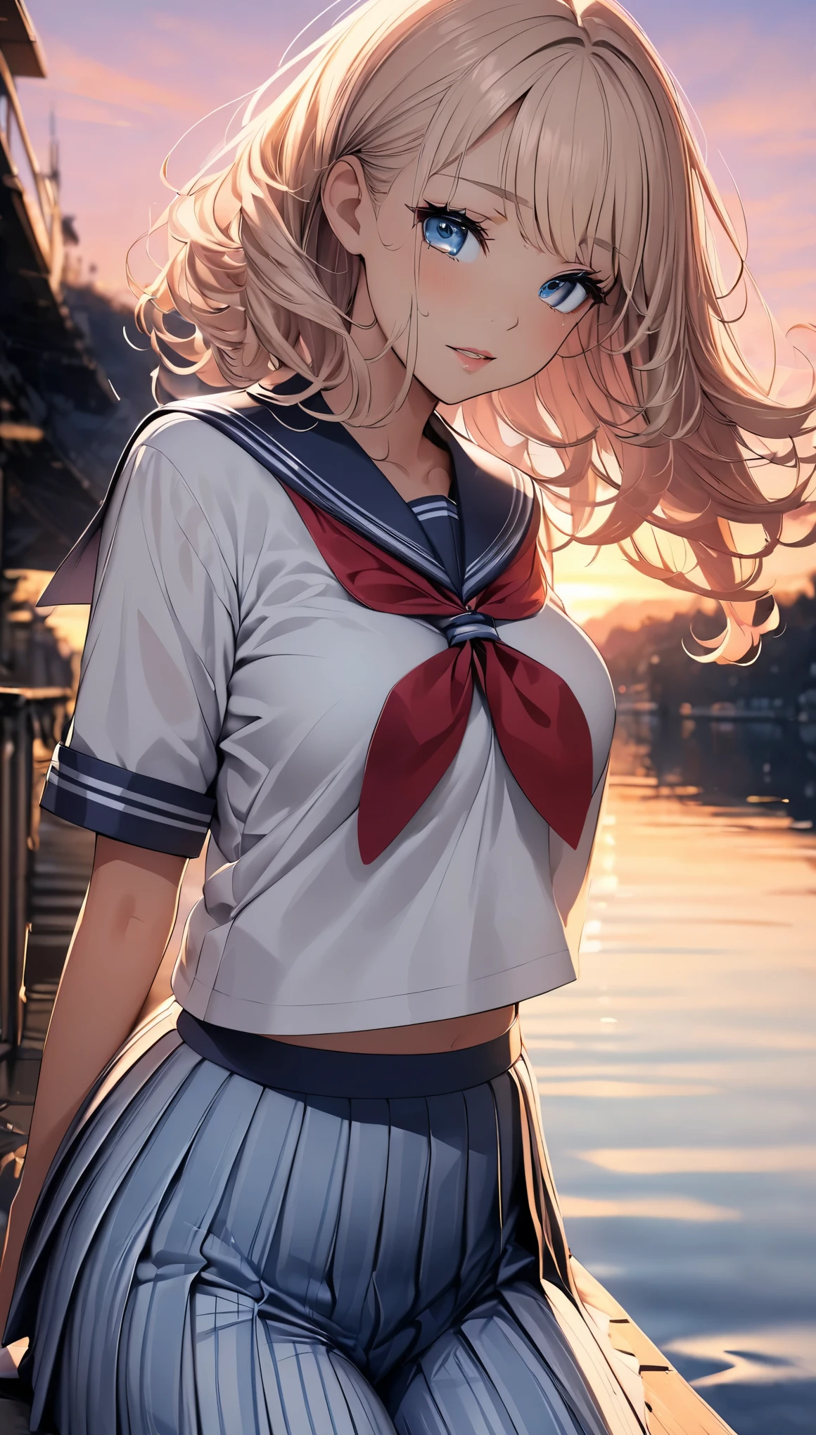 (highest quality, 4k, High resolution, masterpiece:1.2), Super detailed, one person, woman, (JK, , sailor suit, pleated skirt, striped pants), water reflection, grace, graceな動き, Sunset colors, fantastic atmosphere, blown by the wind, provocative hips, beautiful detailed eyes, beautiful detailed lips, long eyelashes, Bright colors, soft and warm color palette, fantastic lighting, blurred background, graceな動き,