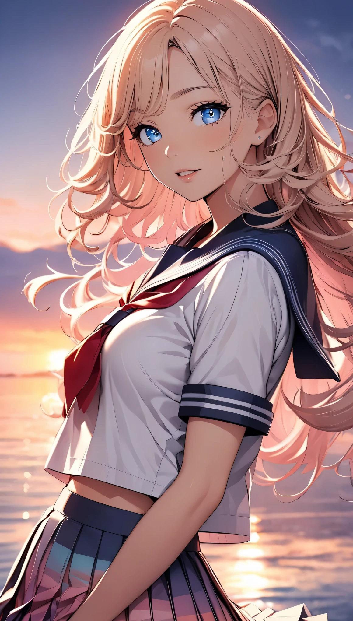 (highest quality, 4k, High resolution, masterpiece:1.2), Super detailed, one person, woman, (JK, , sailor suit, pleated skirt, striped pants), water reflection, grace, graceな動き, Sunset colors, fantastic atmosphere, blown by the wind, provocative hips, beautiful detailed eyes, beautiful detailed lips, long eyelashes, Bright colors, soft and warm color palette, fantastic lighting, blurred background, graceな動き,