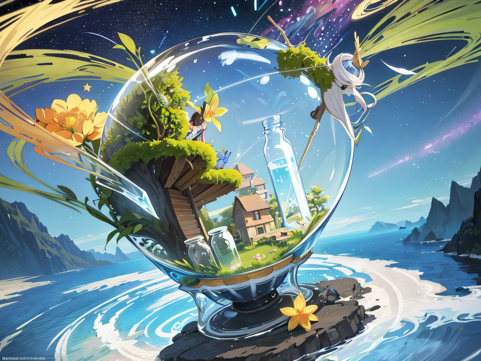 //style
(Minimalism:1.5), sharp contrast,
rest
//background
vast landscape, (of the world:1.2), Vast meadows,
(Huge glass bottle, dripping, Transparent container:1.5),
Colorful petals, delicate flowers,
blue sky, Baiyun,
raindrop, water effect, water ripples,
//Surreal atmosphere of the world, mesmerizing scene, The beauty of tranquility, ethereal atmosphere, Fascinating sights, suspended reality, Mesmerizing display,
Encapsulation properties, distant horizon,
sand particles, Time to flow, time flies, Swirling sand,
complex design, Complex mechanisms, peaceful environment,
Stop animation, Comparative areas, charming colors, seamless transitions,
(Mind maps:1.3),
rest
//Realistic characters, Super photo realistic illustration, high resolution, Super detailed, Ridiculous,
extremely beautiful ,
ultra detailed embroidery decorated many flowers and jewelries, decorate, lace veil,
Beautiful long hair flying in the air, hair ornaments with jewelries and flowers,
//background
(star trails, magic circle:1.3),
(floating island:1.2), (flowers, moss, rock, trees, root:1.2),
petal, colorful flowers,
(spiral:1.2), (spiral staircase:1.2), dna, Gene, dna, Double spiral structure,
