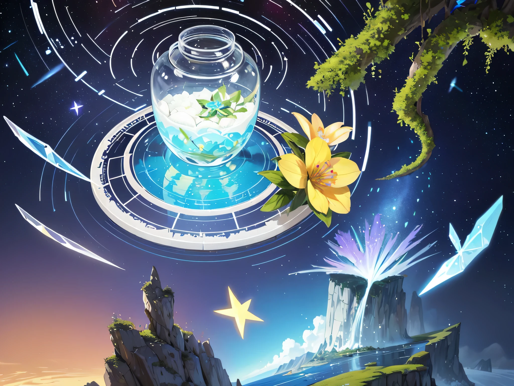 //style
(Minimalism:1.5), sharp contrast,
rest
//background
vast landscape, (of the world:1.2), Vast meadows,
(Huge glass bottle, dripping, Transparent container:1.5),
Colorful petals, delicate flowers,
blue sky, Baiyun,
raindrop, water effect, water ripples,
//Surreal atmosphere of the world, mesmerizing scene, The beauty of tranquility, ethereal atmosphere, Fascinating sights, suspended reality, Mesmerizing display,
Encapsulation properties, distant horizon,
sand particles, Time to flow, time flies, Swirling sand,
complex design, Complex mechanisms, peaceful environment,
Stop animation, Comparative areas, charming colors, seamless transitions,
(Mind maps:1.3),
rest
//Realistic characters, Super photo realistic illustration, high resolution, Super detailed, Ridiculous,
extremely beautiful ,
ultra detailed embroidery decorated many flowers and jewelries, decorate, lace veil,
Beautiful long hair flying in the air, hair ornaments with jewelries and flowers,
//background
(star trails, magic circle:1.3),
(floating island:1.2), (flowers, moss, rock, trees, root:1.2),
petal, colorful flowers,
(spiral:1.2), (spiral staircase:1.2), dna, Gene, dna, Double spiral structure,