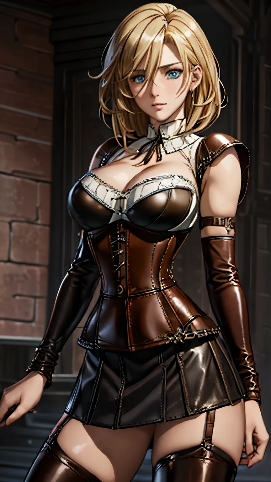 blue eyes, (highest quality, masterpiece painting:1.3), mature woman, 30 years old, (half body shot), masterpiece, ultra high resolution, (Photoreal:1.0), gold hair, straight hair, beautiful shining hair, white and shining skin, ((Ultra realistic details)), octane rendering, highly detailed face, (big breasts:0.8), BDSM, (((leather corset dress:1.4))), (((The corset is decorated with beautiful embroidery))), (((corset dress with shoulder straps))), (((tight leather miniskirt:1.4))), first round, (((Thigh Boots))), high heel boots, (((leather bra))), (((leather panties))), sharp focus, intricate details, professional artwork, (bright colors:1.1), bright colors, diffused lighting, digital blending, ultra-definition body, ultra detail hair, super detailed face, that'It's trending on pixiv, top button open, Cute gaze, compensate, perfect lips, perfect compensate, Ultra-precision coating, (light_smile:0.8), (Very embarrassed:1.2), blush your nose,