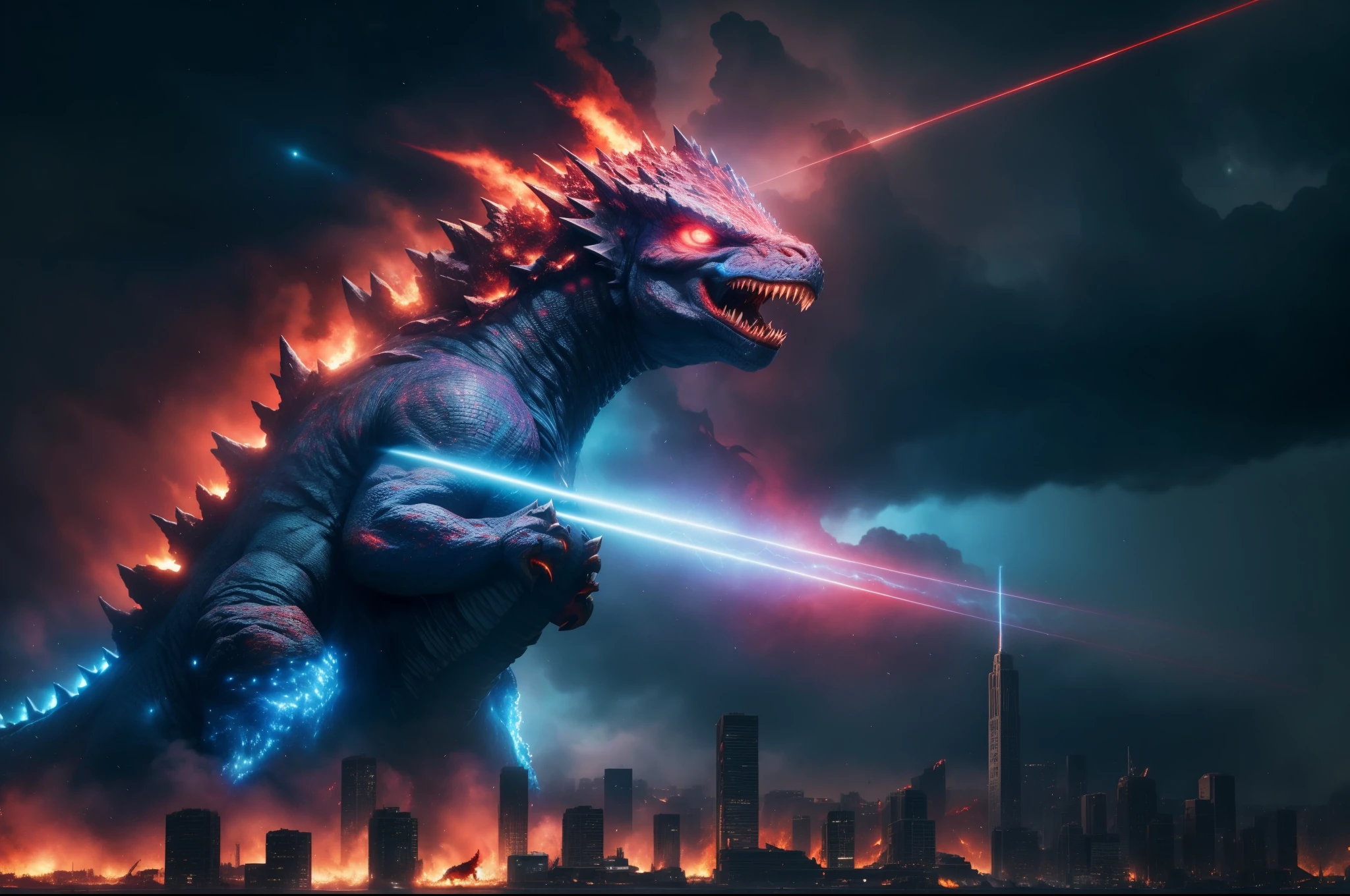 best quality,highres:1.2),ultra-detailed,realistic,photorealistic,godzilla, Spew fire, destructive power, city destruction,towering creature, blue fire breath, Emits a large beam of blue light, Emits a blue beam of light from its mouth, eyes sparkled with fire, roaring, scaly skin, night cityscape, building collapse, evacuation, body has light circuits around it,explosions,smoke billowing,devastation,apocalyptic scene, body has silver scales all around, Its scales shone brightly, dark skies, satrry sky, galaxy sky, , lighning, thunder storm, ruined landscape, towering buildings, broken infrastructure, commanding presence, chaos and destruction, overwhelming forcedesperation and fear ,confrontation with the beast,awe-inspiring spectacle,unleashing havoc and devastation,unimaginable power, Depth of field, high contrast, intricate details, volumetric lighting, (dynamic composition:1.2), highly detailed, colorful details, (iridescent colors), (glowing lighting, atmospheric lighting), dreamy, magical, lens flare, (colorful), Cinematic light, high-res, sharp focus, smooth, colorful light, particles, (crimson red colors schemes:1.3),