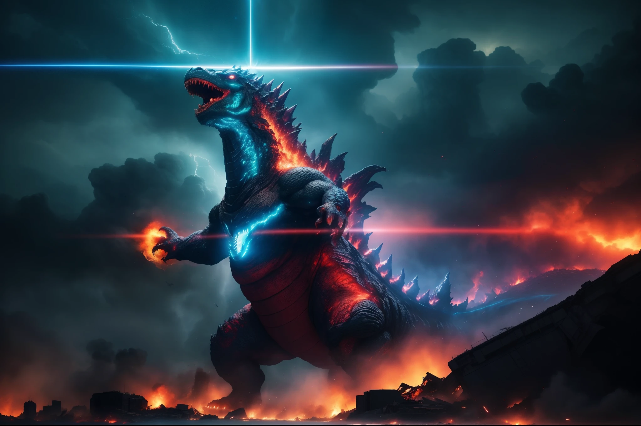 best quality,highres:1.2),ultra-detailed,realistic,photorealistic,godzilla, Spew fire, destructive power, city destruction,towering creature, blue fire breath, Emits a large beam of blue light, Emits a blue beam of light from its mouth, eyes sparkled with fire, roaring, scaly skin, night cityscape, building collapse, evacuation, body has light circuits around it,explosions,smoke billowing,devastation,apocalyptic scene, body has silver scales all around, Its scales shone brightly, dark skies, satrry sky, galaxy sky, , lighning, thunder storm, ruined landscape, towering buildings, broken infrastructure, commanding presence, chaos and destruction, overwhelming forcedesperation and fear ,confrontation with the beast,awe-inspiring spectacle,unleashing havoc and devastation,unimaginable power, Depth of field, high contrast, intricate details, volumetric lighting, (dynamic composition:1.2), highly detailed, colorful details, (iridescent colors), (glowing lighting, atmospheric lighting), dreamy, magical, lens flare, (colorful), Cinematic light, high-res, sharp focus, smooth, colorful light, particles, (crimson red colors schemes:1.3),