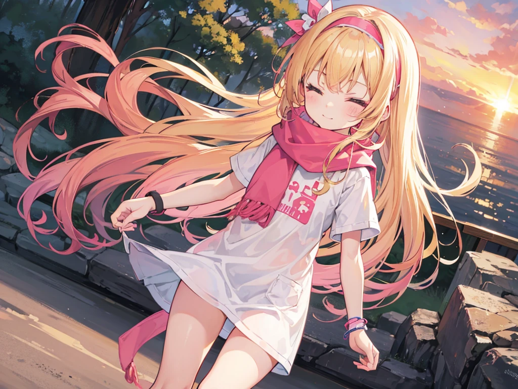 a cute 6 year old church girl named Anna, both brownish blonde hair, long wavy hair, pink white tshirt, scarf, no pants, wearing a pink hairband, on a jog, eyes closed, sunset, slight smile, wristbands, barefoot, joyful, energetic