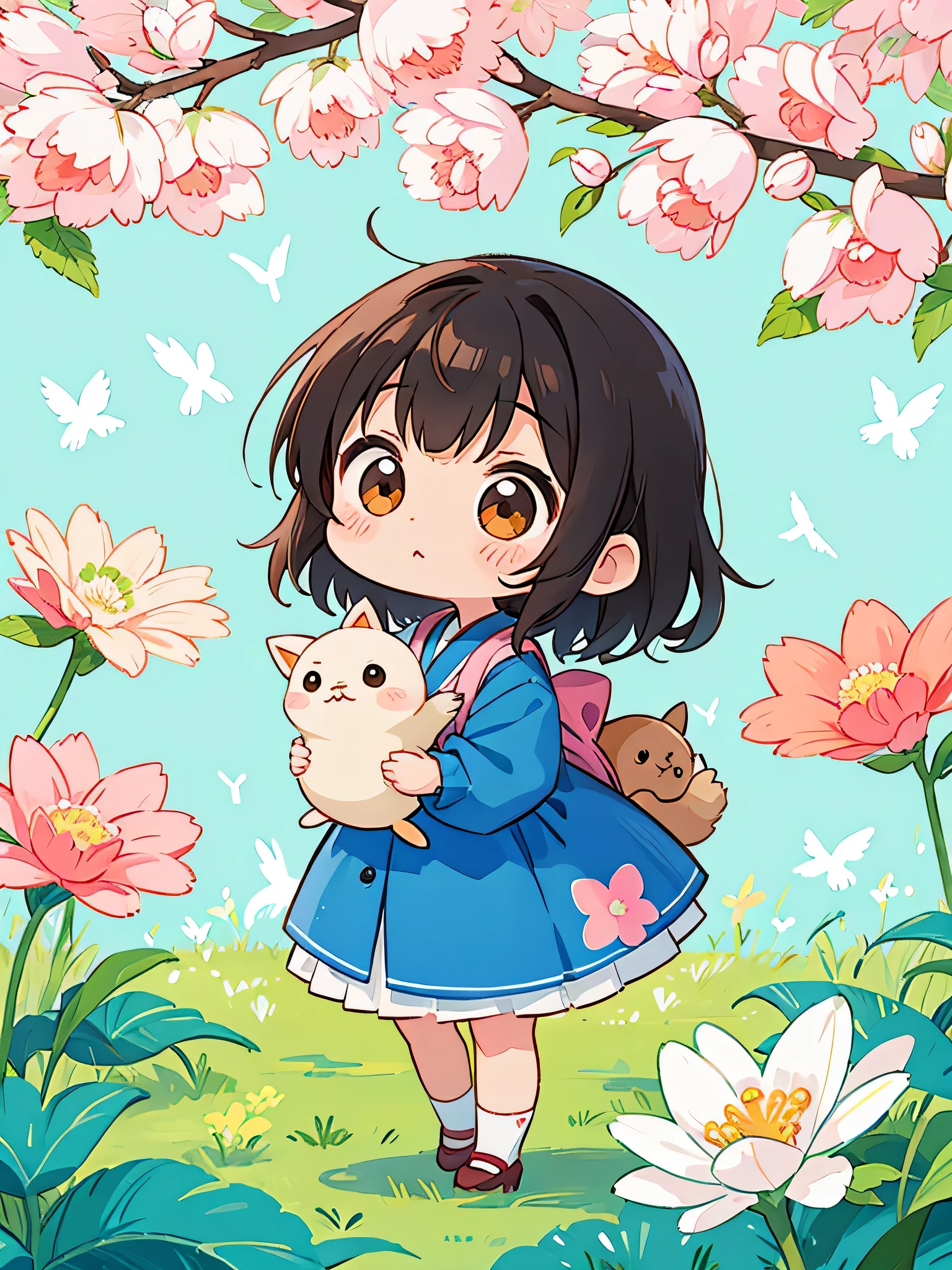 Machiko Satonaka style, Kawaii Design, most beautiful girl ever、Chibi, beautiful spring afternoon、birdie、colorful flowers