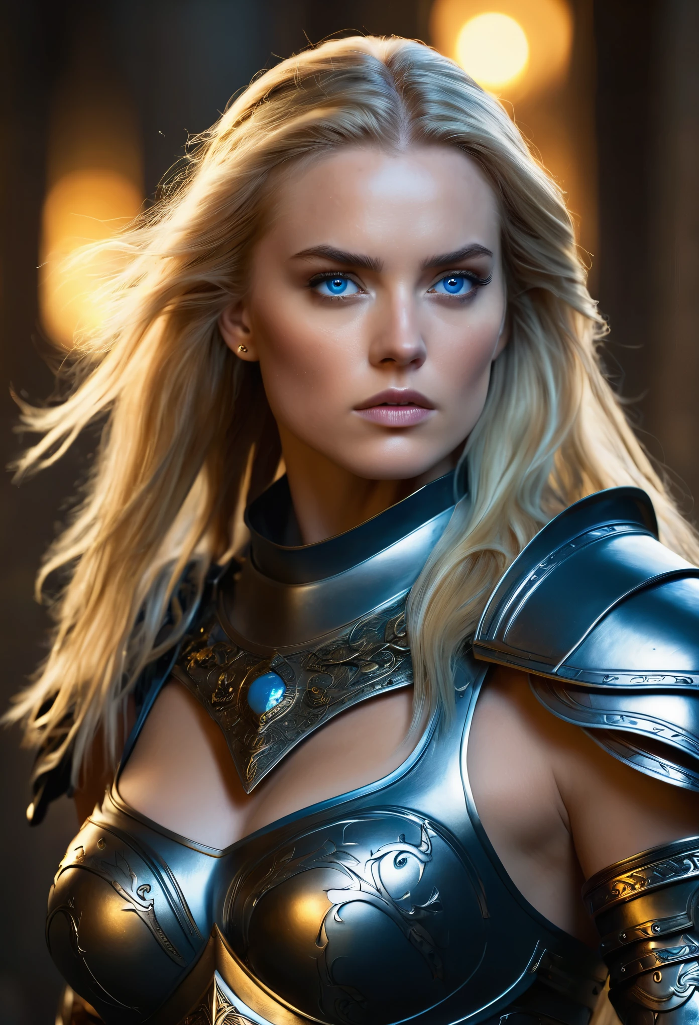 (best quality,4k,highres,masterpiece:1.2),ultra-detailed,realistic:1.37,portrait,Dark Ages warrior,blond with long legs and busty,foreboding atmosphere,elaborately designed armor,strong and confident stance,piercing blue eyes,flowing golden locks,minimalist background,moody lighting,subtle shadows,subdued color palette