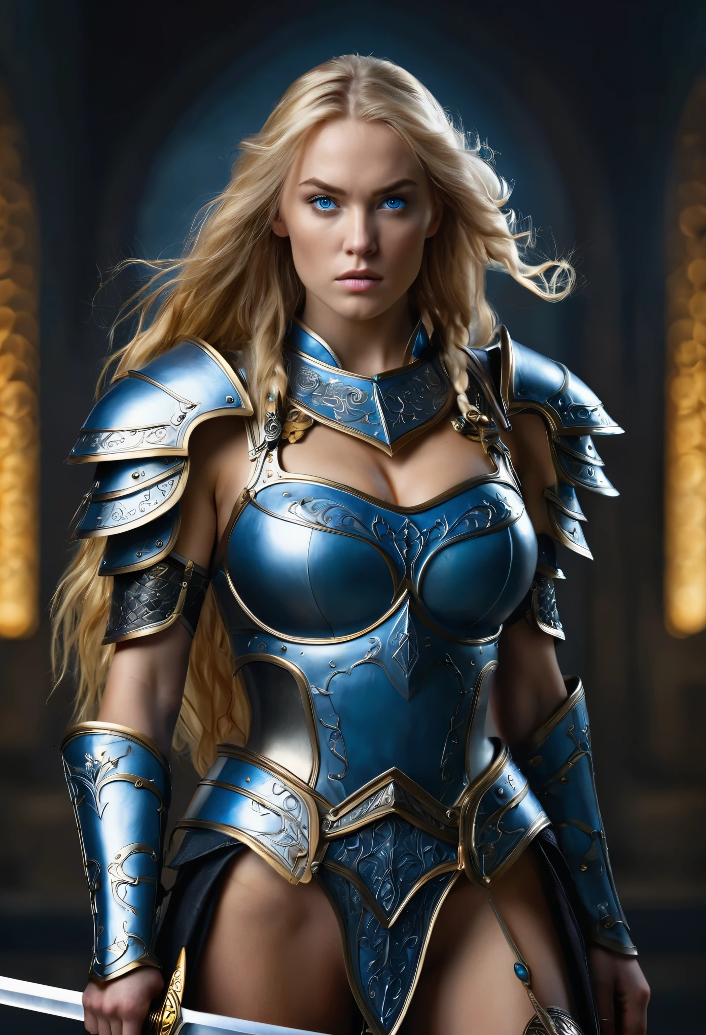 (best quality,4k,highres,masterpiece:1.2),ultra-detailed,realistic:1.37,portrait,Dark Ages warrior,blond with long legs and busty,foreboding atmosphere,elaborately designed armor,strong and confident stance,piercing blue eyes,flowing golden locks,minimalist background,moody lighting,subtle shadows,subdued color palette