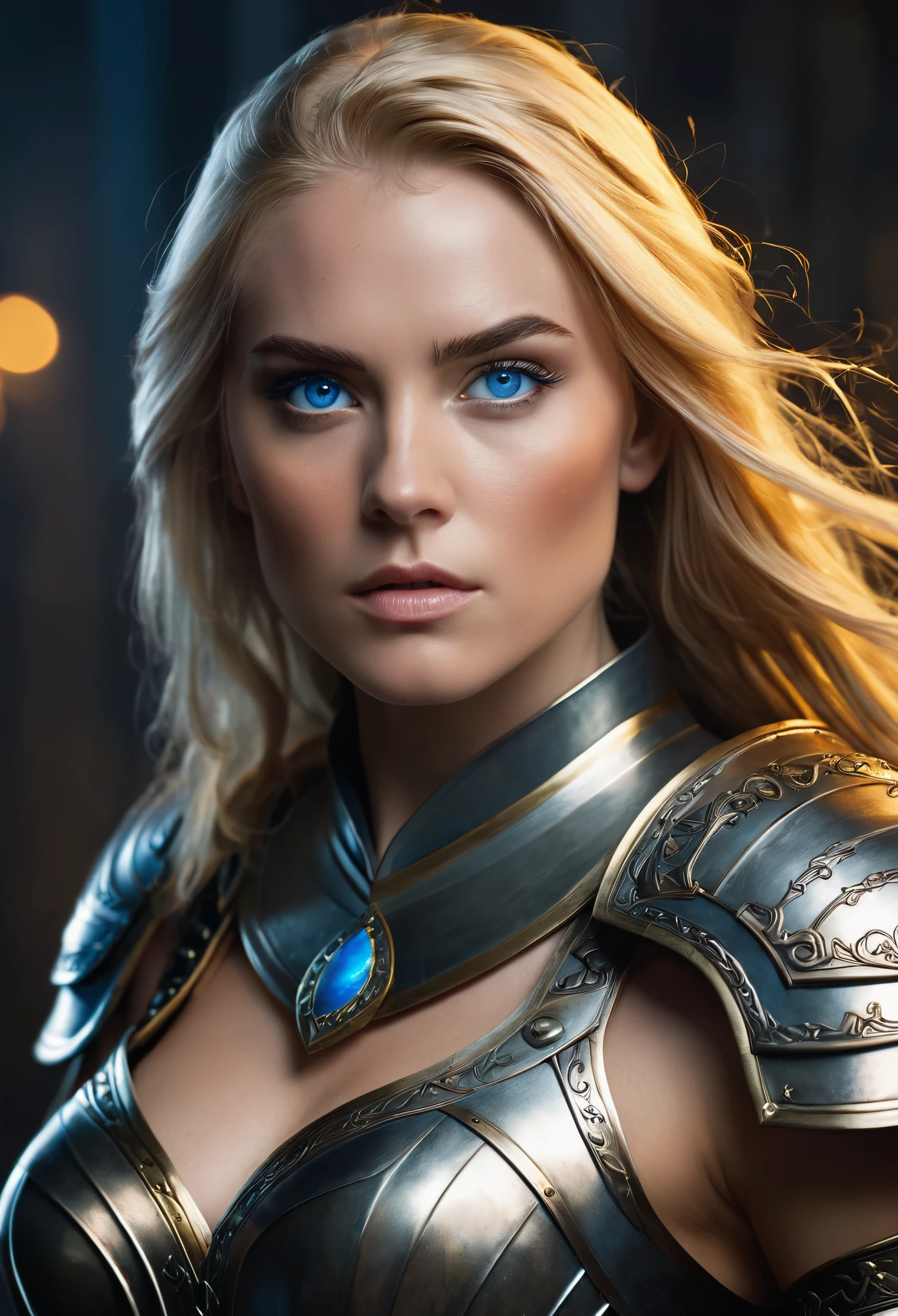 (best quality,4k,highres,masterpiece:1.2),ultra-detailed,realistic:1.37,portrait,Dark Ages warrior,blond with long legs and busty,foreboding atmosphere,elaborately designed armor,strong and confident stance,piercing blue eyes,flowing golden locks,minimalist background,moody lighting,subtle shadows,subdued color palette