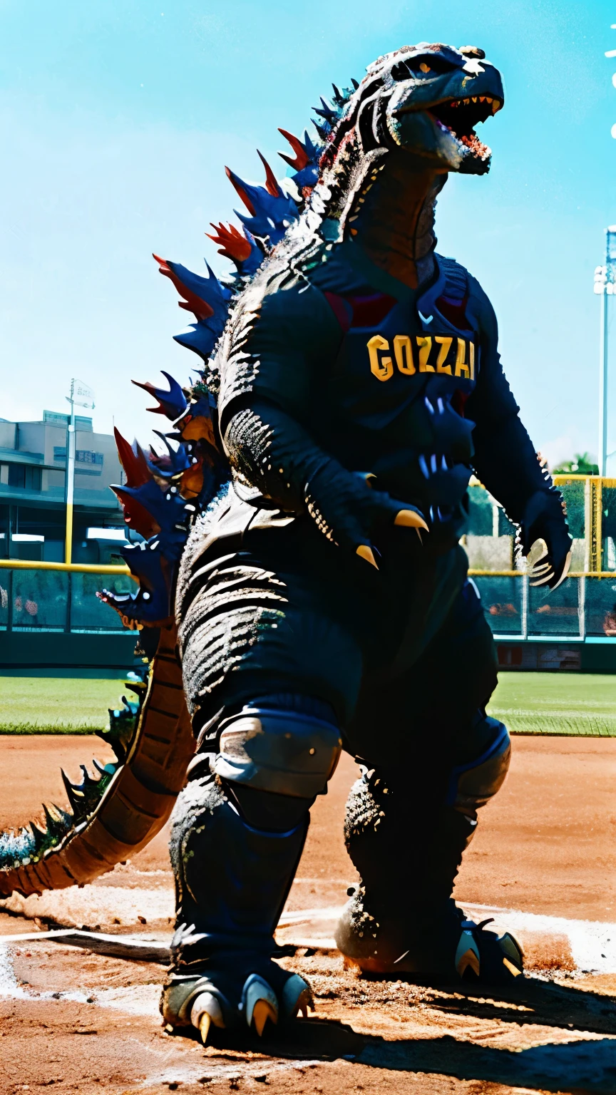 (Godzilla:1.3), (a baseball uniform:1.5), (Godzilla wearing a baseball uniform:1.4)