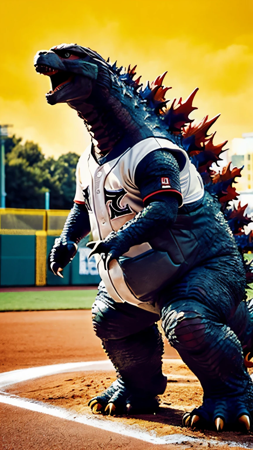 (Godzilla:1.3), (a baseball uniform:1.5), (Godzilla wearing a baseball uniform:1.4)