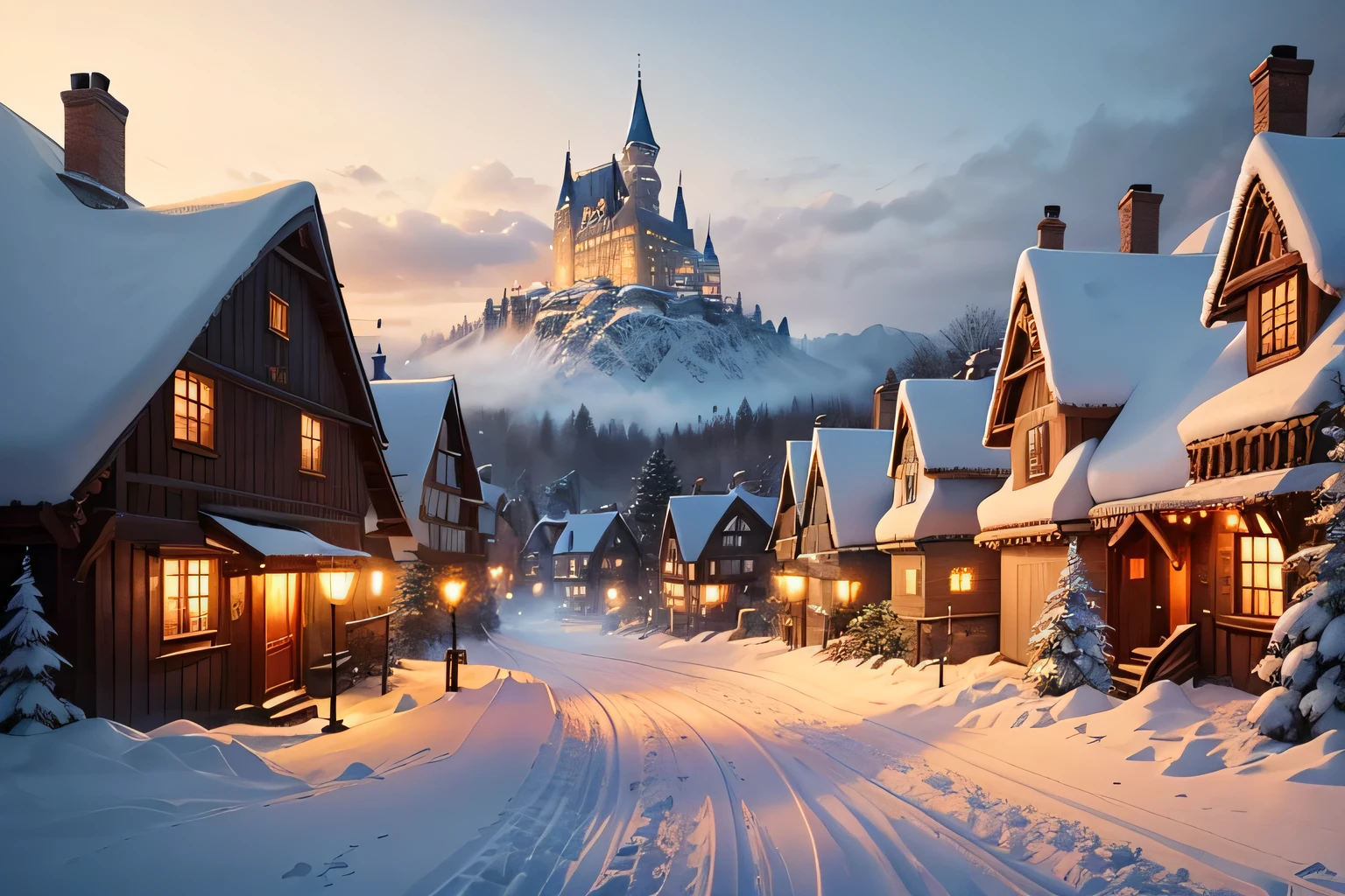 A winter wonderland village nestled in a snow-covered medieval landscape, featuring timber-framed houses with smoking chimneys, twisted cobblestone streets, villagers in fur-lined cloaks and bonnets, vintage lampposts casting warm light on the snowy ground, snow-capped pine trees surrounding the village, and a towering castle in the distance shrouded in mist --s 200 --ar
