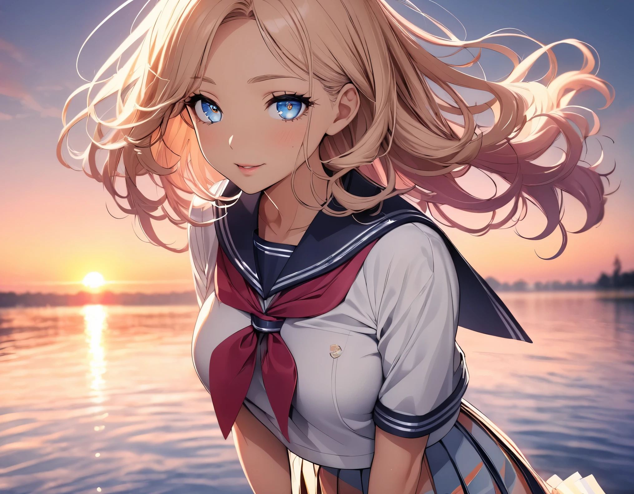 (highest quality, 4k, High resolution, masterpiece:1.2), Super detailed, one person, woman, (JK, , sailor suit, pleated skirt, striped pants), water reflection, grace, graceな動き, Sunset colors, fantastic atmosphere, blown by the wind,  hips, beautiful detailed eyes, beautiful detailed lips, long eyelashes, Bright colors, soft and warm color palette, fantastic lighting, blurred background, graceな動き,