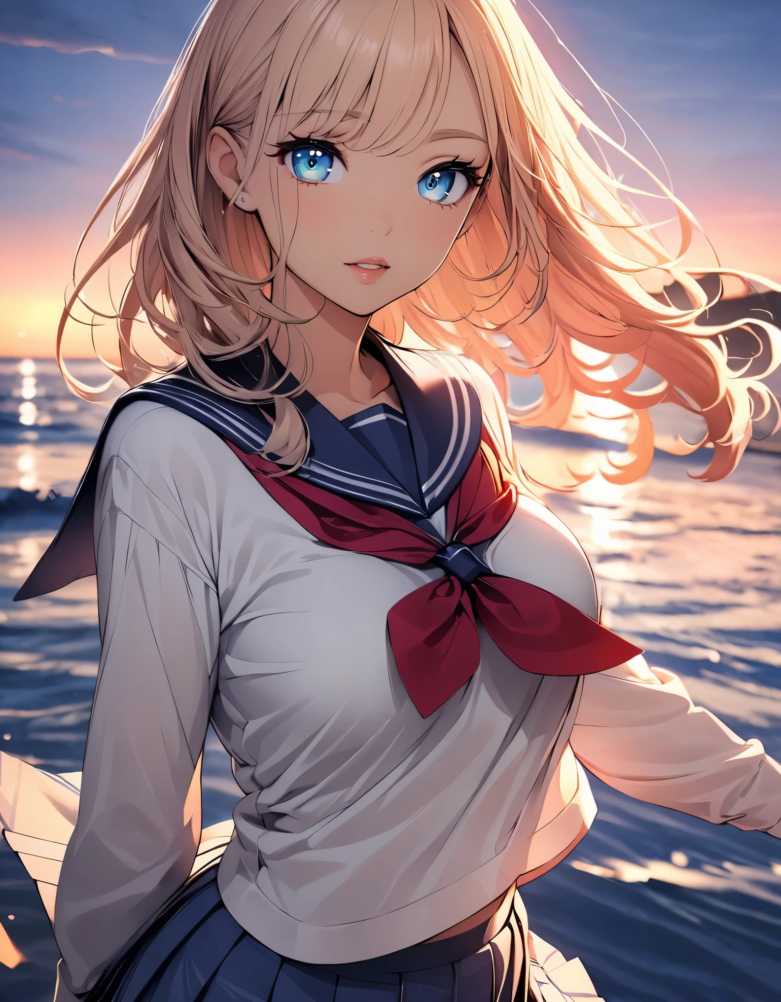 (highest quality, 4k, High resolution, masterpiece:1.2), Super detailed, one person, woman, (JK, , sailor suit, pleated skirt, striped pants), water reflection, grace, graceな動き, Sunset colors, fantastic atmosphere, blown by the wind, provocative hips, beautiful detailed eyes, beautiful detailed lips, long eyelashes, Bright colors, soft and warm color palette, fantastic lighting, blurred background, graceな動き,