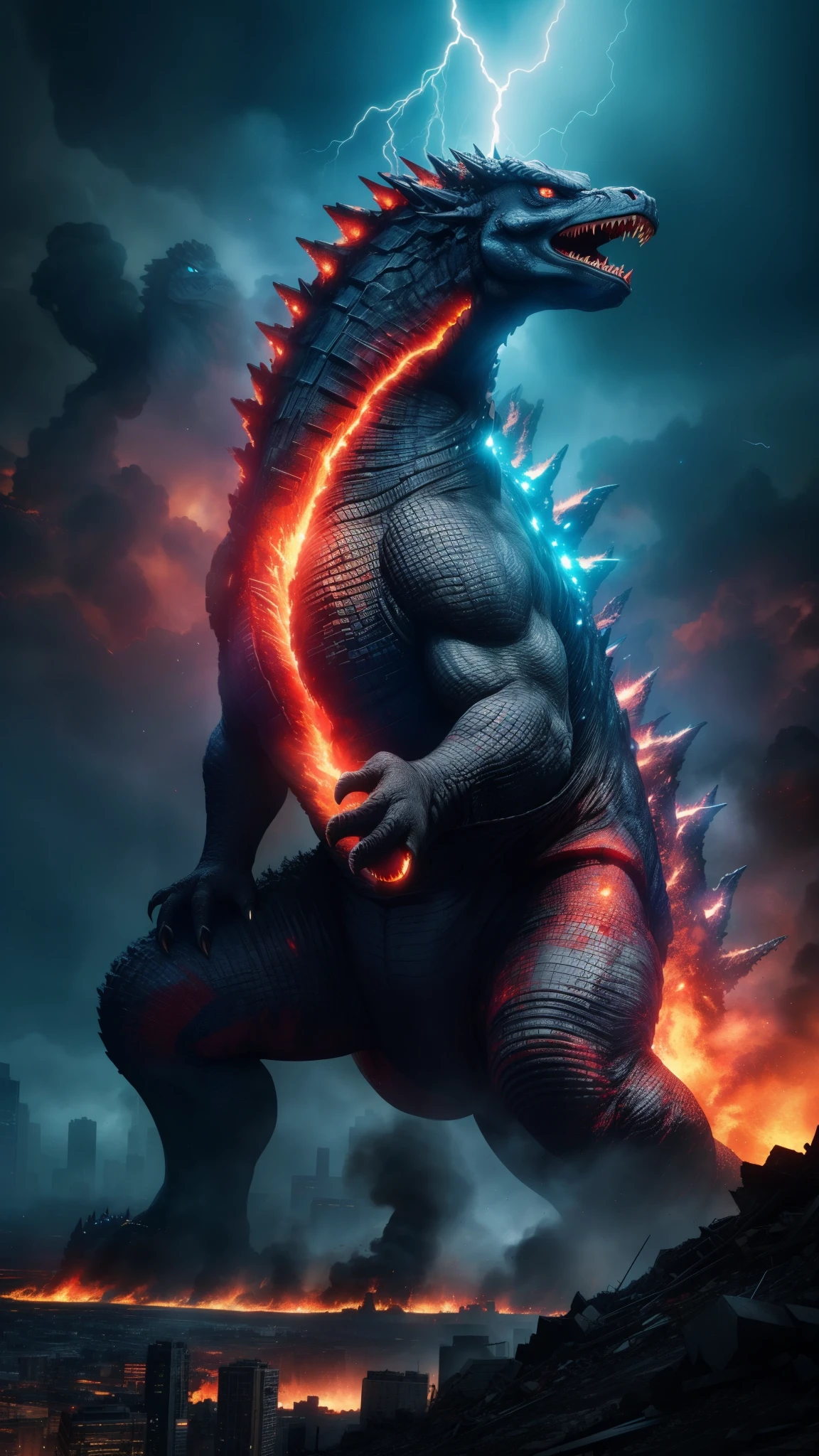 best quality,highres:1.2),ultra-detailed,realistic,photorealistic,godzilla, Spew fire, destructive power, city destruction,towering creature, blue fire breath, Emits a large beam of blue light, Emits a blue beam of light from its mouth, eyes sparkled with fire, roaring, scaly skin, night cityscape, building collapse, evacuation, body has light circuits around it,explosions,smoke billowing,devastation,apocalyptic scene, body has silver scales all around, Its scales shone brightly, dark skies, satrry sky, galaxy sky, , lighning, thunder storm, ruined landscape, towering buildings, broken infrastructure, commanding presence, chaos and destruction, overwhelming forcedesperation and fear ,confrontation with the beast,awe-inspiring spectacle,unleashing havoc and devastation,unimaginable power, Depth of field, high contrast, intricate details, volumetric lighting, (dynamic composition:1.2), highly detailed, colorful details, (iridescent colors), (glowing lighting, atmospheric lighting), dreamy, magical, lens flare, (colorful), Cinematic light, high-res, sharp focus, smooth, colorful light, particles, (crimson red colors schemes:1.3),