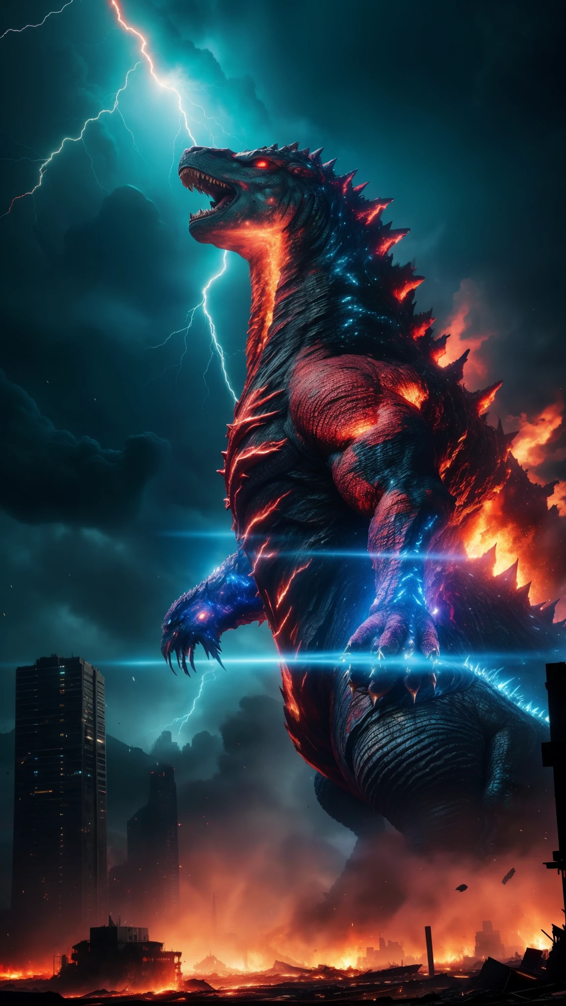 best quality,highres:1.2),ultra-detailed,realistic,photorealistic,godzilla, Spew fire, destructive power, city destruction,towering creature, blue fire breath, Emits a large beam of blue light, Emits a blue beam of light from its mouth, eyes sparkled with fire, roaring, scaly skin, night cityscape, building collapse, evacuation, body has light circuits around it,explosions,smoke billowing,devastation,apocalyptic scene, body has silver scales all around, Its scales shone brightly, dark skies, satrry sky, galaxy sky, , lighning, thunder storm, ruined landscape, towering buildings, broken infrastructure, commanding presence, chaos and destruction, overwhelming forcedesperation and fear ,confrontation with the beast,awe-inspiring spectacle,unleashing havoc and devastation,unimaginable power, Depth of field, high contrast, intricate details, volumetric lighting, (dynamic composition:1.2), highly detailed, colorful details, (iridescent colors), (glowing lighting, atmospheric lighting), dreamy, magical, lens flare, (colorful), Cinematic light, high-res, sharp focus, smooth, colorful light, particles, (crimson red colors schemes:1.3),