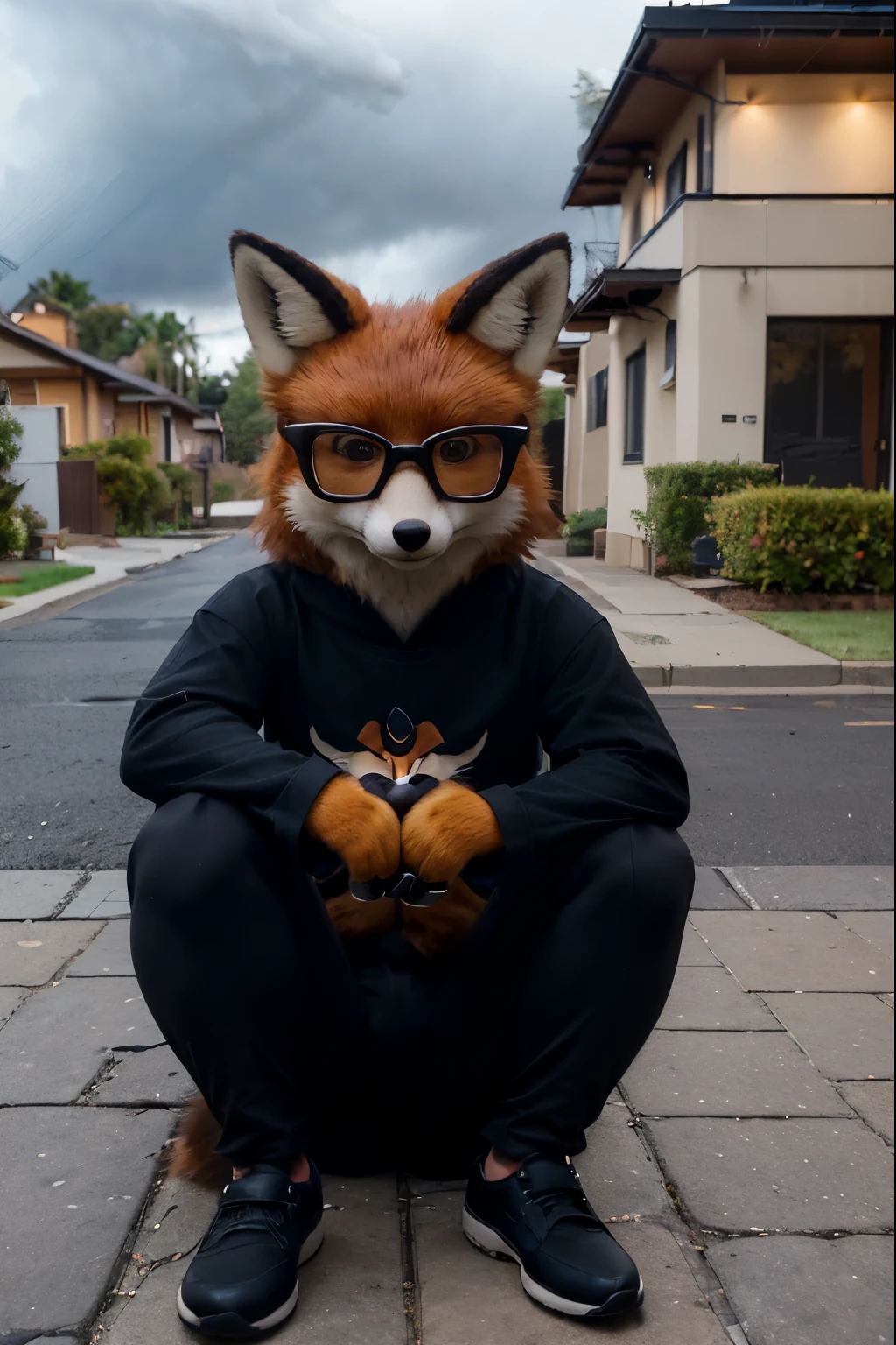 ((An anthropomorphic fox with realistic fur)), male, Fox face, wearing glasses, dressed in black shirt and black pants, ((algo llenito)), sitting in a sidewalk outside a house, crying, with a stormy sky

(Mejor calidad, realista, ultra detallado), zorro, sad expression, anthropomorphic fox.