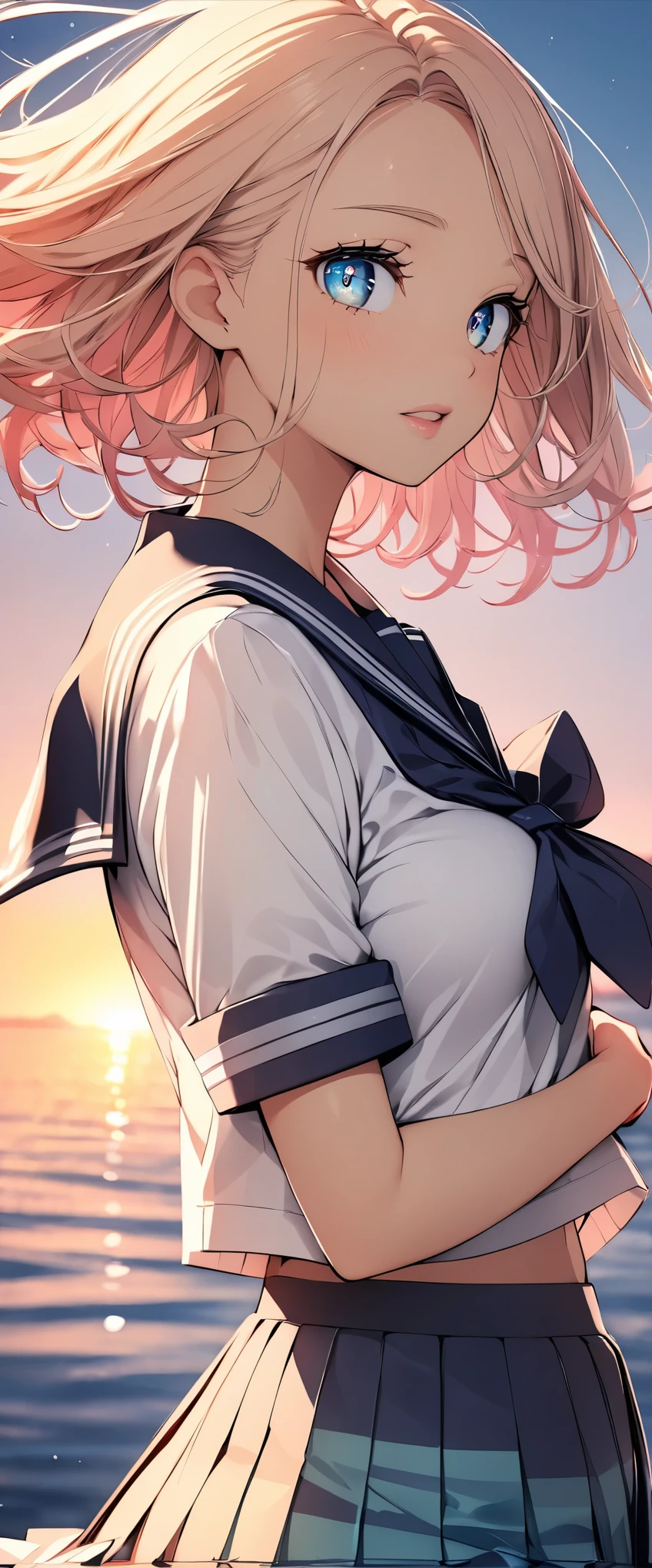 (highest quality, 4k, High resolution, masterpiece:1.2), Super detailed, one person, woman, (JK, , sailor suit, pleated skirt, striped pants), water reflection, grace, graceな動き, Sunset colors, fantastic atmosphere, blown by the wind,  hips, beautiful detailed eyes, beautiful detailed lips, long eyelashes, Bright colors, soft and warm color palette, fantastic lighting, blurred background, graceな動き,