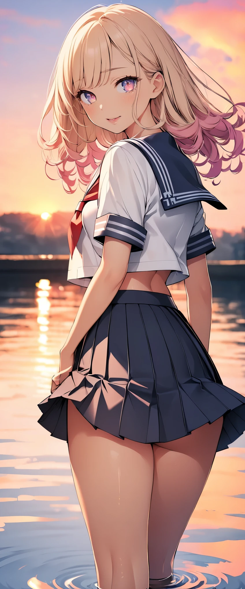 (highest quality, 4k, High resolution, masterpiece:1.2), Super detailed, one person, woman, (JK, , sailor suit, pleated skirt, striped pants), water reflection, grace, graceな動き, Sunset colors, fantastic atmosphere, blown by the wind,  hips, beautiful detailed eyes, beautiful detailed lips, long eyelashes, Bright colors, soft and warm color palette, fantastic lighting, blurred background, graceな動き,