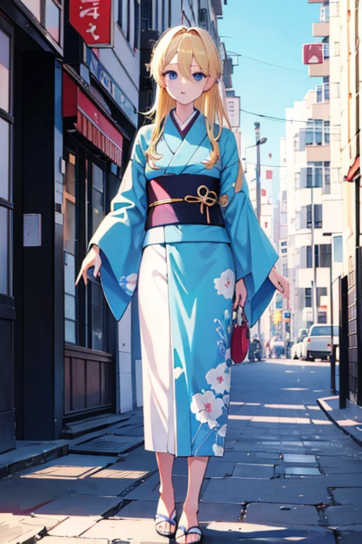 hair over eyes, blonde hair, blue eyes, kimono, standing, Straight Face, Fair skin, outdoors, cityscape, looking at viewer, 1990s (style), --niji 5  --ar 2:3 --s 100
