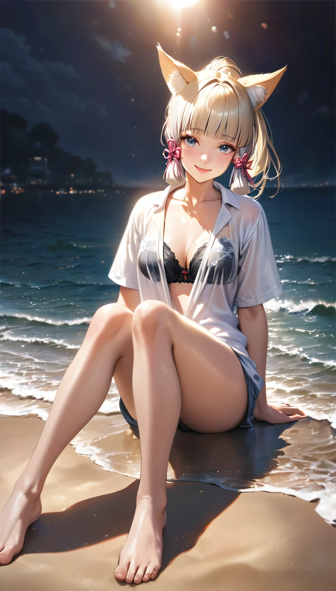 Ayaka,((golden hair)), fox ears,beautiful face,smiling, moderate breast,sit on beach, wearing white shirts, black bra,illustration,detailed textures,ultra-detailed(realistic),portrait style,vivid colors,soft lighting. full body