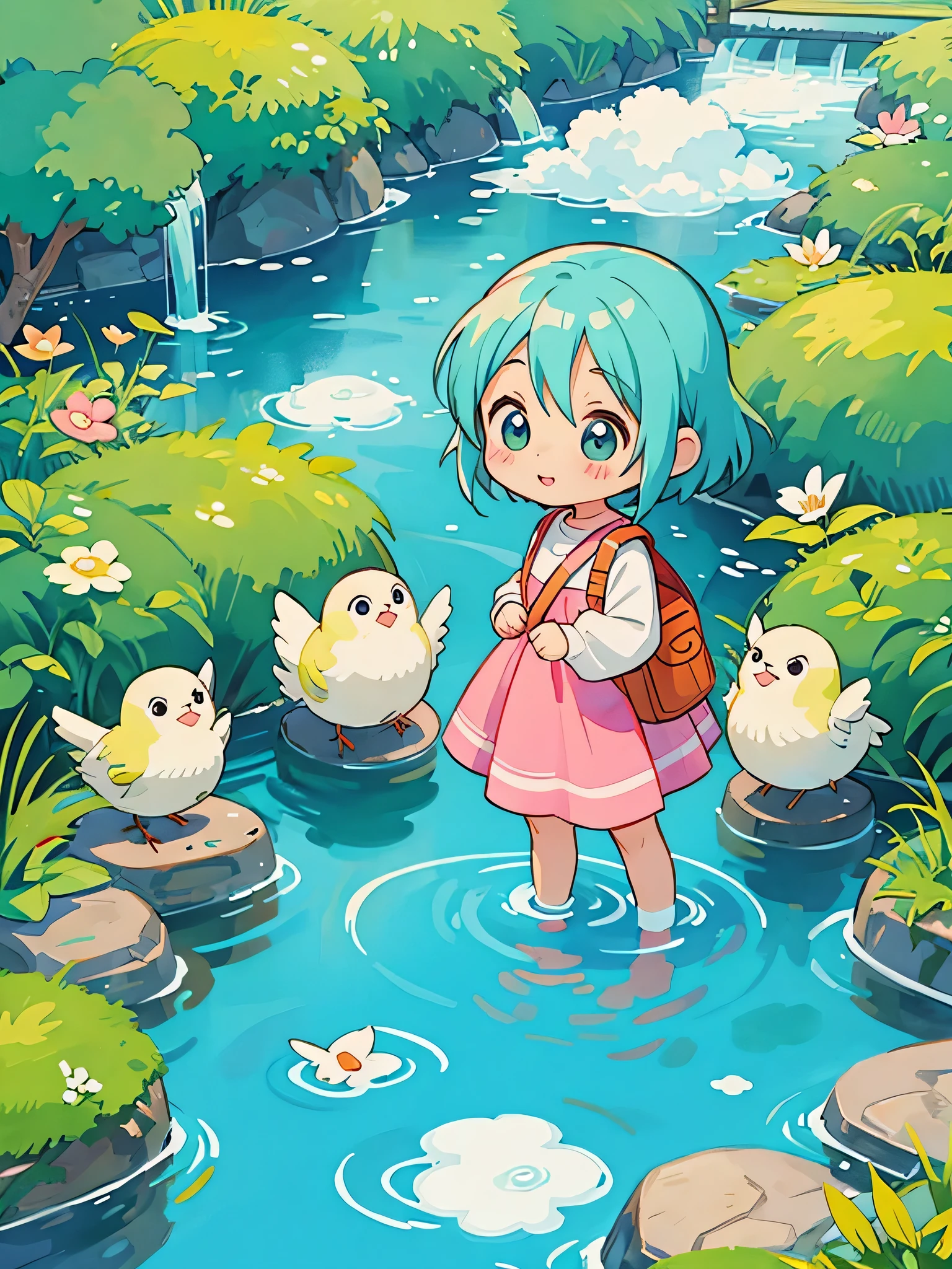 akira toriyama style, Kawaii Design, most beautiful girl ever、Chibi, beautiful spring afternoon、birdie、water play