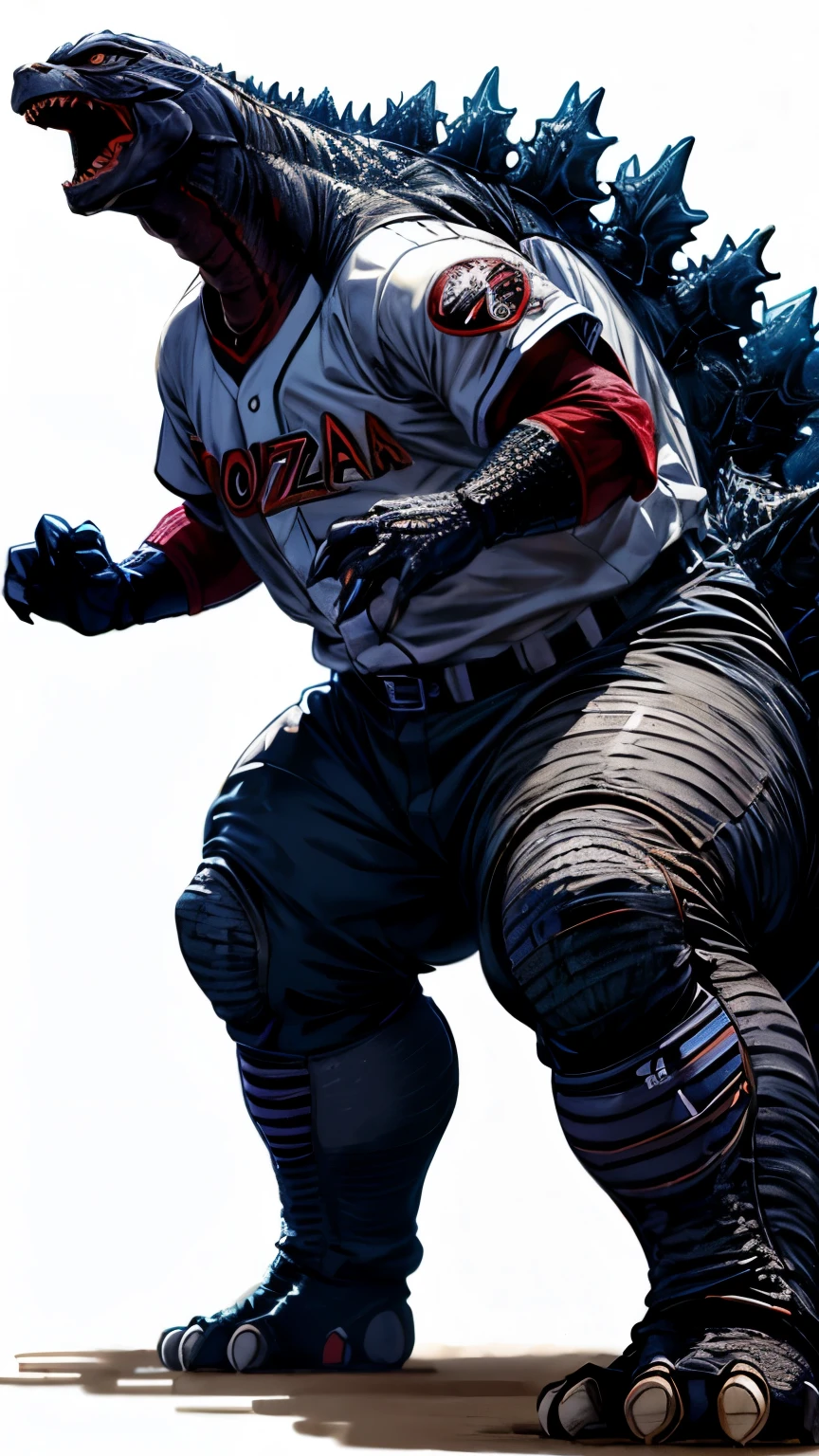 (Godzilla:1.3), (a baseball uniform:1.5), (Godzilla wearing a baseball uniform:1.4)