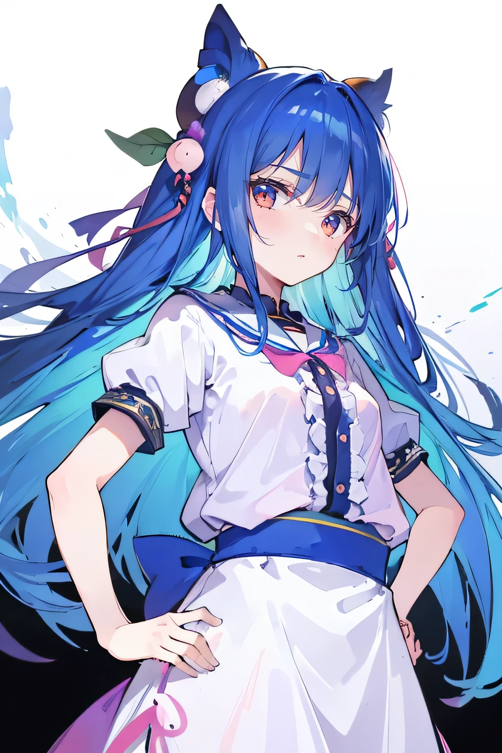 (masterpiece),best quality, expressive eyes, perfect face, 1girl,
 Put your hands on your waist,fair, Gorgeous,Japanese cartoons,girl,lola,Hina Angel, blue hair, blue haired, floating clothes,Grab your waist, Grab your waist, hands on hips , hands on hips,flat chest