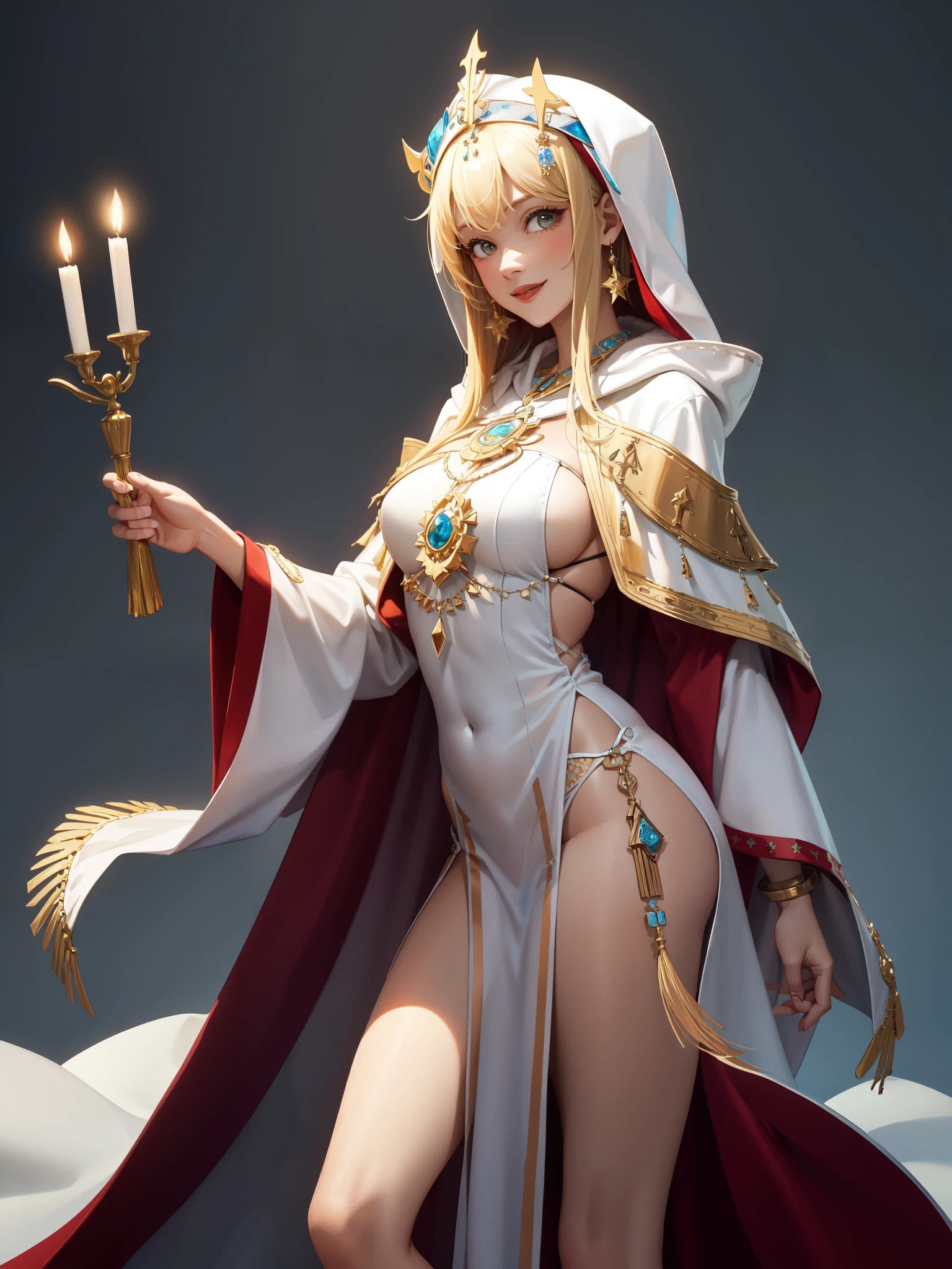 perfect eyes:1.2, detailed eyes:1.4, blonde hair, sidelocks, long hair, brown eyes, fringe, smile, jewelry, priestess, white dress, white clothes, white robe, hood, hair over shoulder, pelvic curtain dress, 1girl, solo, (masterpiece:1.6, best quality),