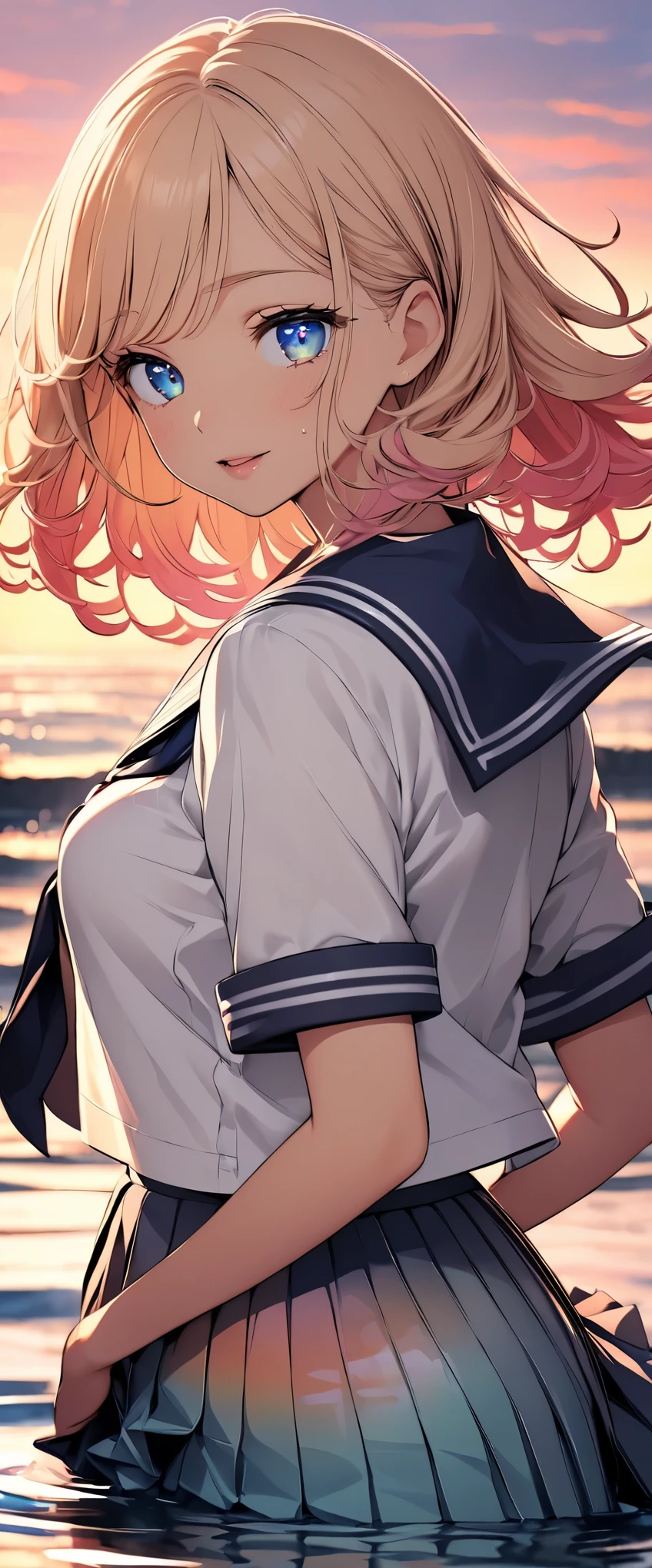 (highest quality, 4k, High resolution, masterpiece:1.2), Super detailed, one person, woman, (JK, , sailor suit, pleated skirt, striped pants), backwards, Skirt that flips up, water reflection, grace, graceな動き, Sunset colors, fantastic atmosphere, blown by the wind, provocative hips, beautiful detailed eyes, beautiful detailed lips, long eyelashes, Bright colors, soft and warm color palette, fantastic lighting, blurred background, graceな動き,