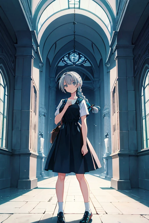 braid, grey hair, aqua eyes, dress, standing, Straight Face, Fair skin, looking at viewer, 1990s (style), --niji 5 --ar 2:3 --s 100
