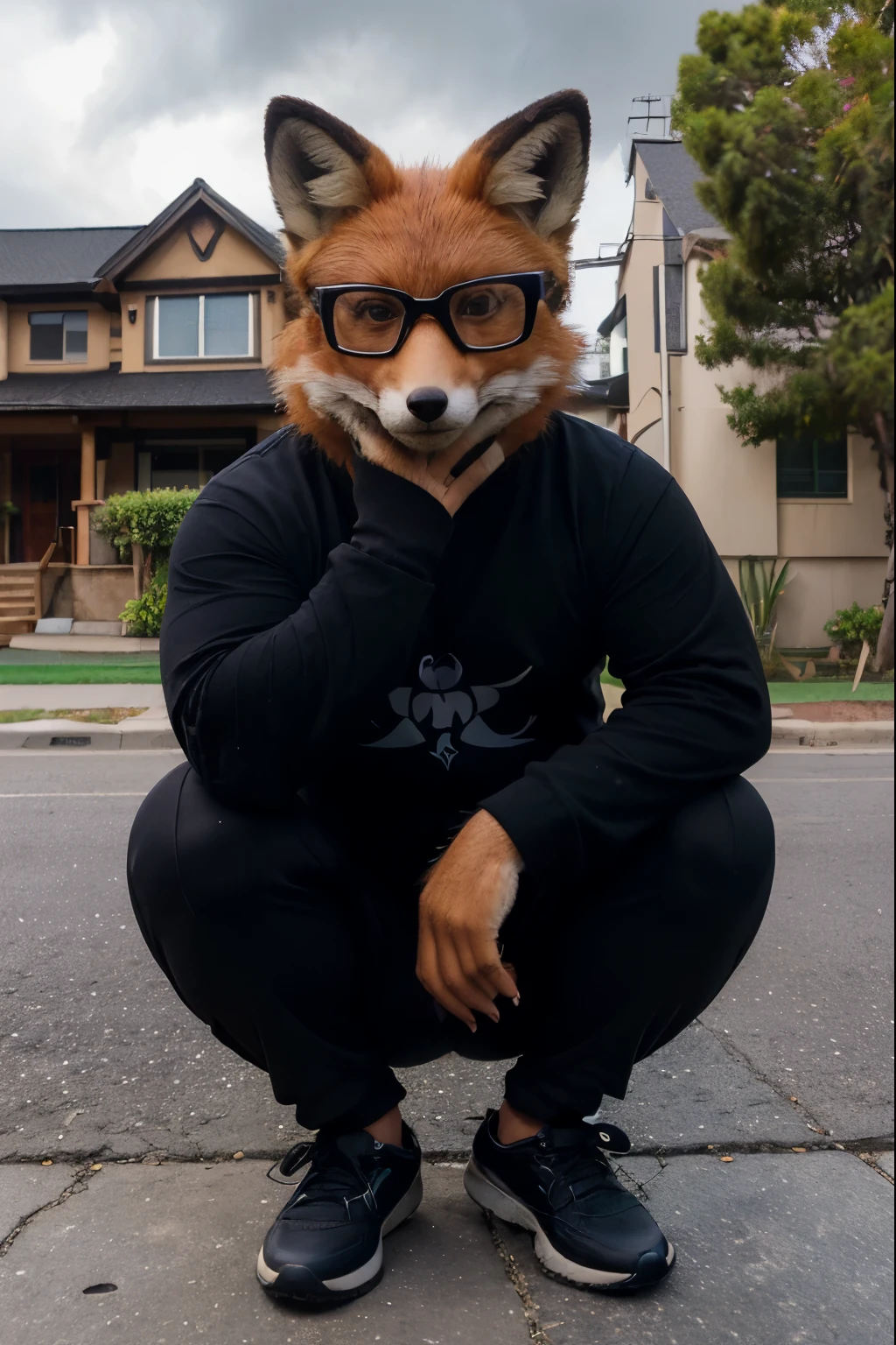 ((An anthropomorphic fox with realistic fur)), male, Fox face, wearing glasses, dressed in black shirt and black pants, ((algo gordito)), sitting in a sidewalk outside a house, crying, with a stormy sky
(Mejor calidad, realista, ultra detallado), zorro, sad expression, anthropomorphic fox.