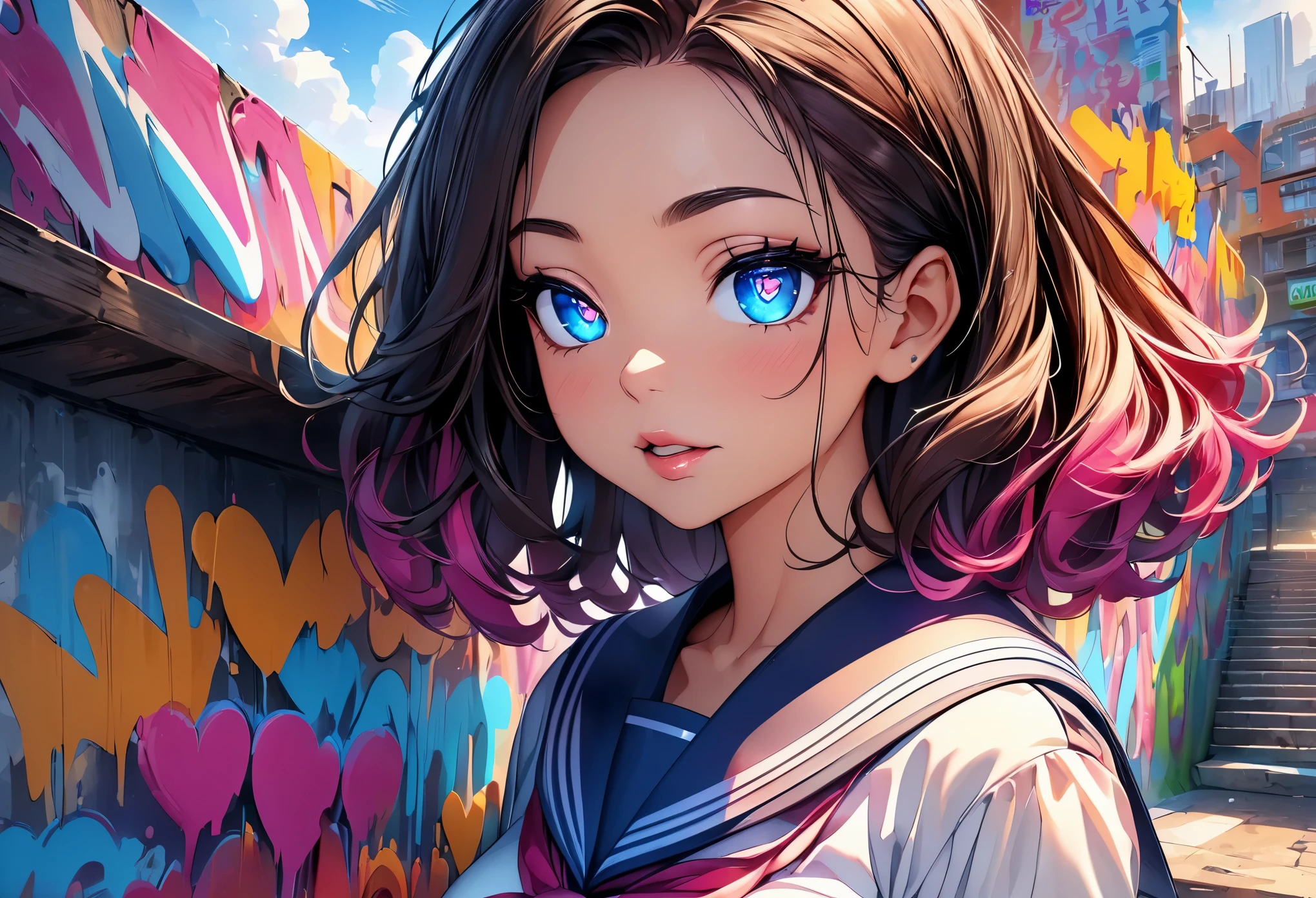 (highest quality, 4k, High resolution, masterpiece:1.2), Super detailed, one person, woman, (JK, , sailor suit, pleated skirt, striped pants), water reflection, grace, graceな動き, Sunset colors, fantastic atmosphere, blown by the wind,  hips, beautiful detailed eyes, beautiful detailed lips, long eyelashes, Bright colors, soft and warm color palette, fantastic lighting, blurred background, graceな動き,