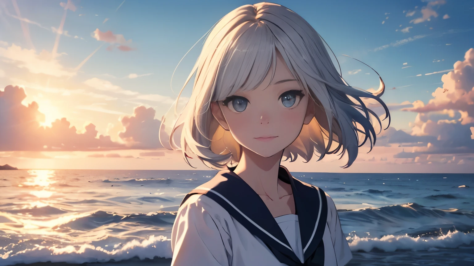 8K、RAW photo、highest quality、masterpiece:1.2)、illustration touch、super detailed、超A high resolution、(wide angle lens)、1 girl、cute、high school student、Look here、Don't、pure white hair、bob hair、sailor suit、navy blue collar、short sleeve、deep blue eyes、delicate eyes、Sea side、near sky、bright evening sky、summer、It&#39;s just sunny for you、white skin、calm sea、Beautiful clouds in the distance、Dry clouds、Faint smile、the sky is close、Upper body