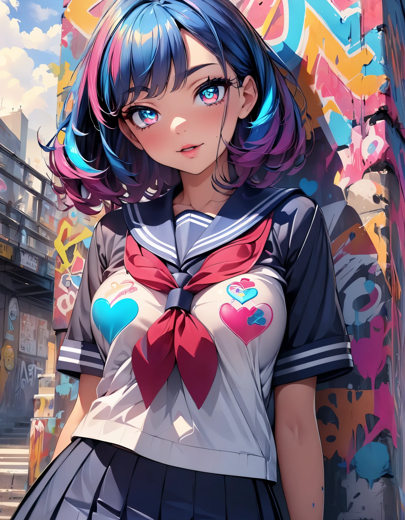 (highest quality, 4k, High resolution, masterpiece:1.2), Super detailed, one person, woman, (JK, , sailor suit, pleated skirt), graffiti comics,　beautiful detailed eyes, beautiful detailed lips, long eyelashes, A vibrant and vibrant colour palette, bold typography, Detailed heart symbol illustration, Comic style shading, spray paint effect, cartoon elements, Heart Illustration, A bridge pier with colorful letters and illustrations, urban background.