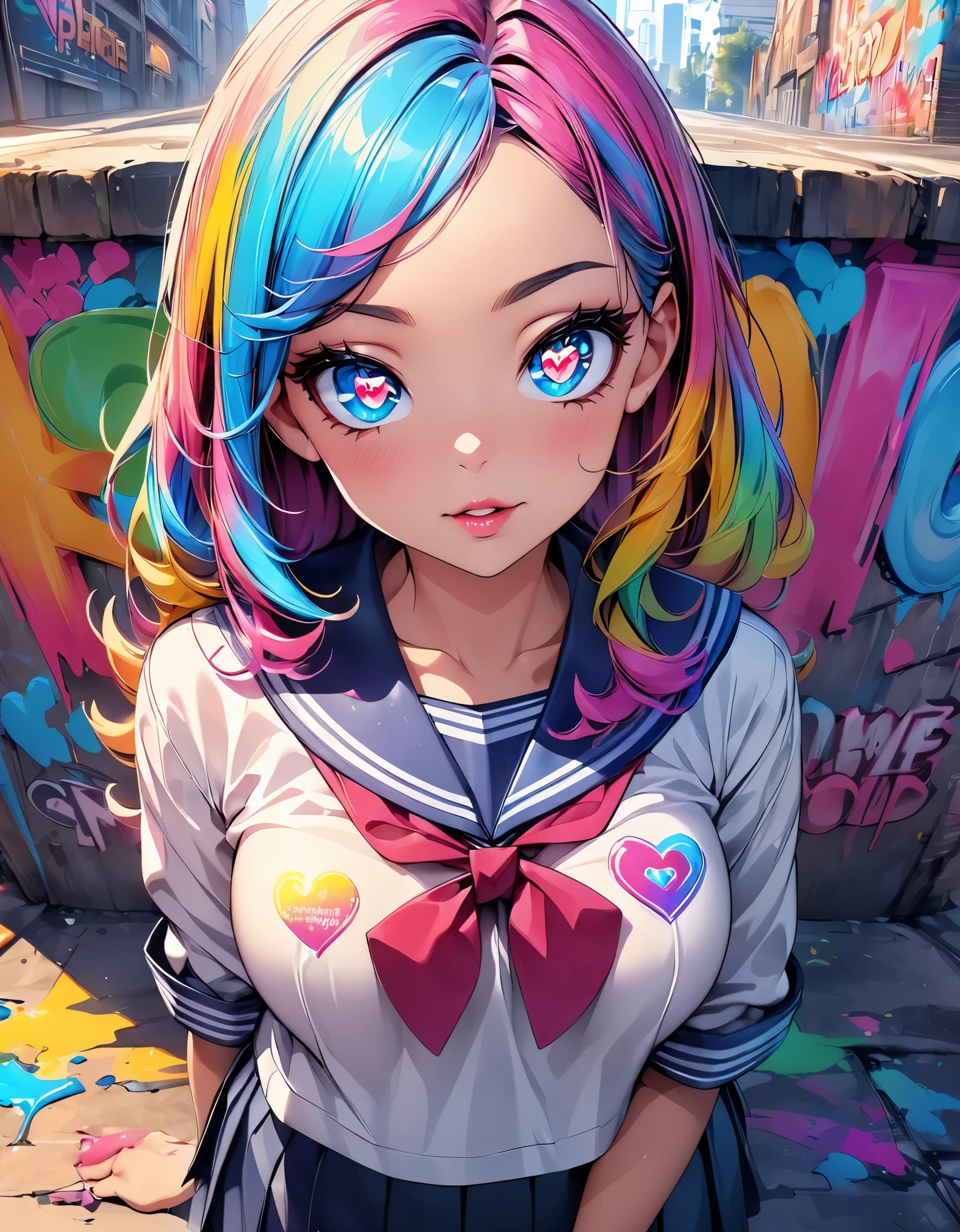 (highest quality, 4k, High resolution, masterpiece:1.2), Super detailed, one person, woman, (JK, , sailor suit, pleated skirt, striped pants), water reflection, grace, graceな動き, Sunset colors, fantastic atmosphere, blown by the wind,  hips, beautiful detailed eyes, beautiful detailed lips, long eyelashes, Bright colors, soft and warm color palette, fantastic lighting, blurred background, graceな動き,