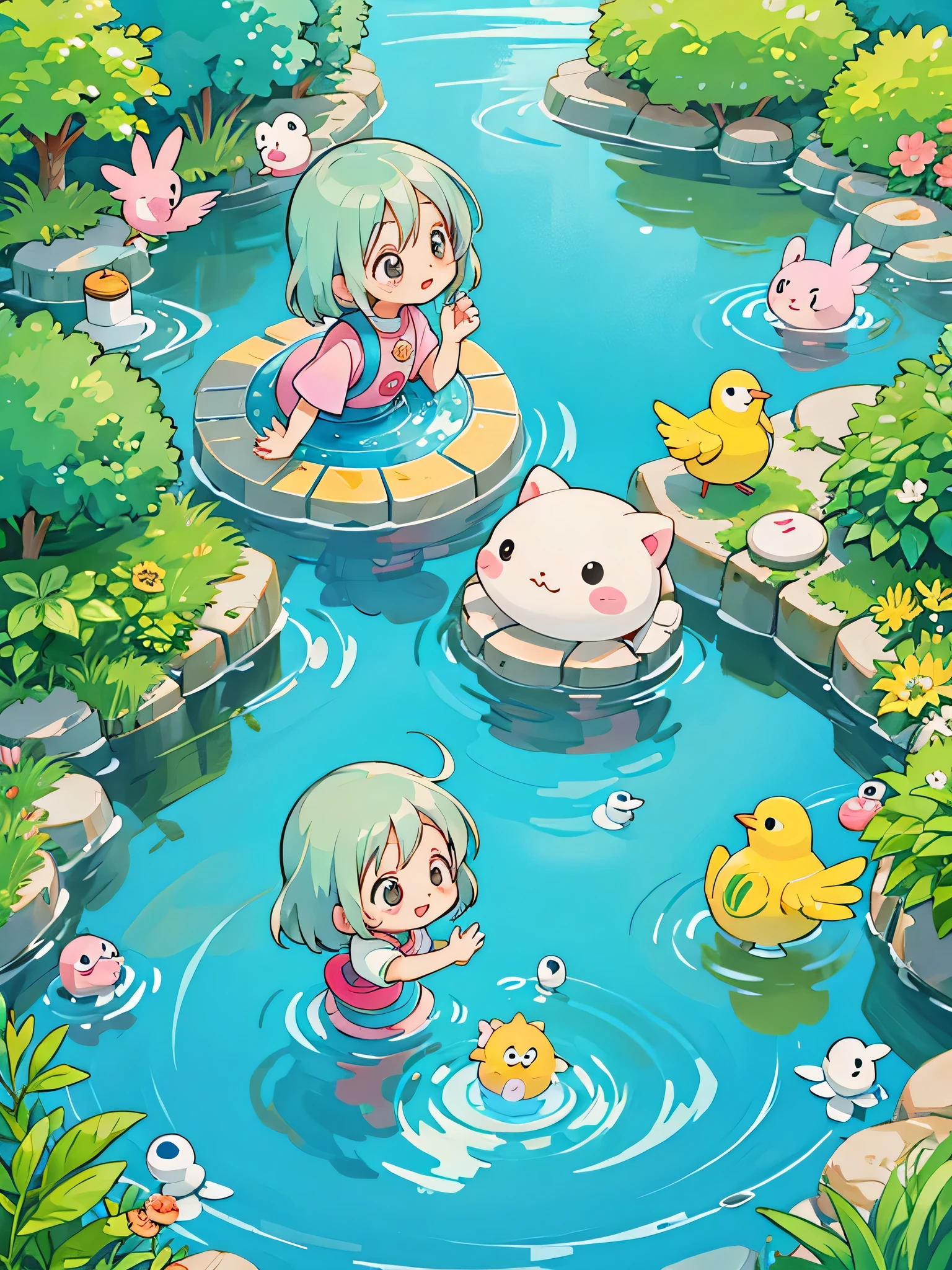 akira toriyama style, Kawaii Design, most beautiful girl ever、Chibi, beautiful spring afternoon、birdie、water play、(((Save water with hands)))