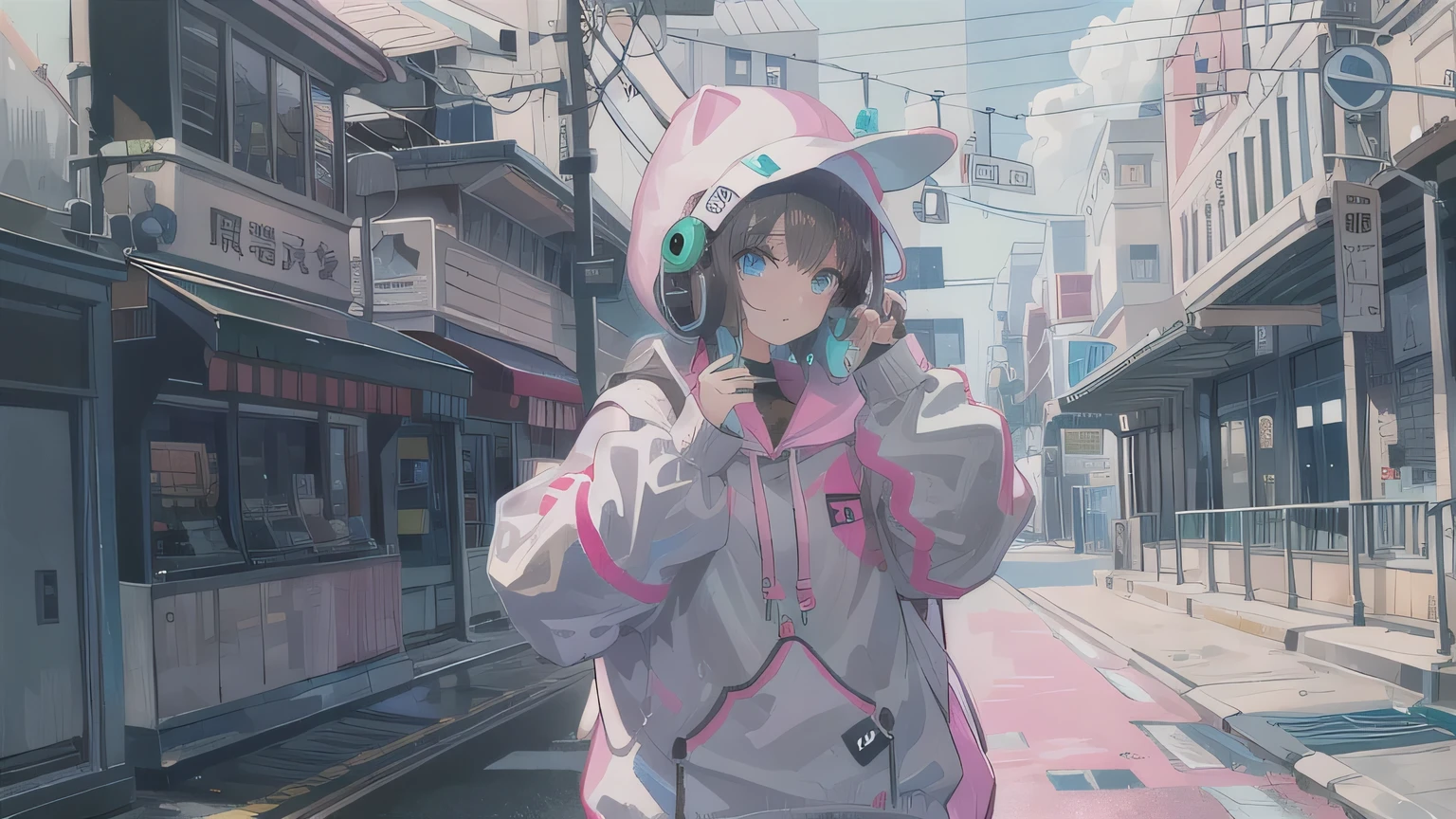 masterpiece, one girl, alone, incredibly absurd, hoodie, headphones, street, outdoor, neon,
